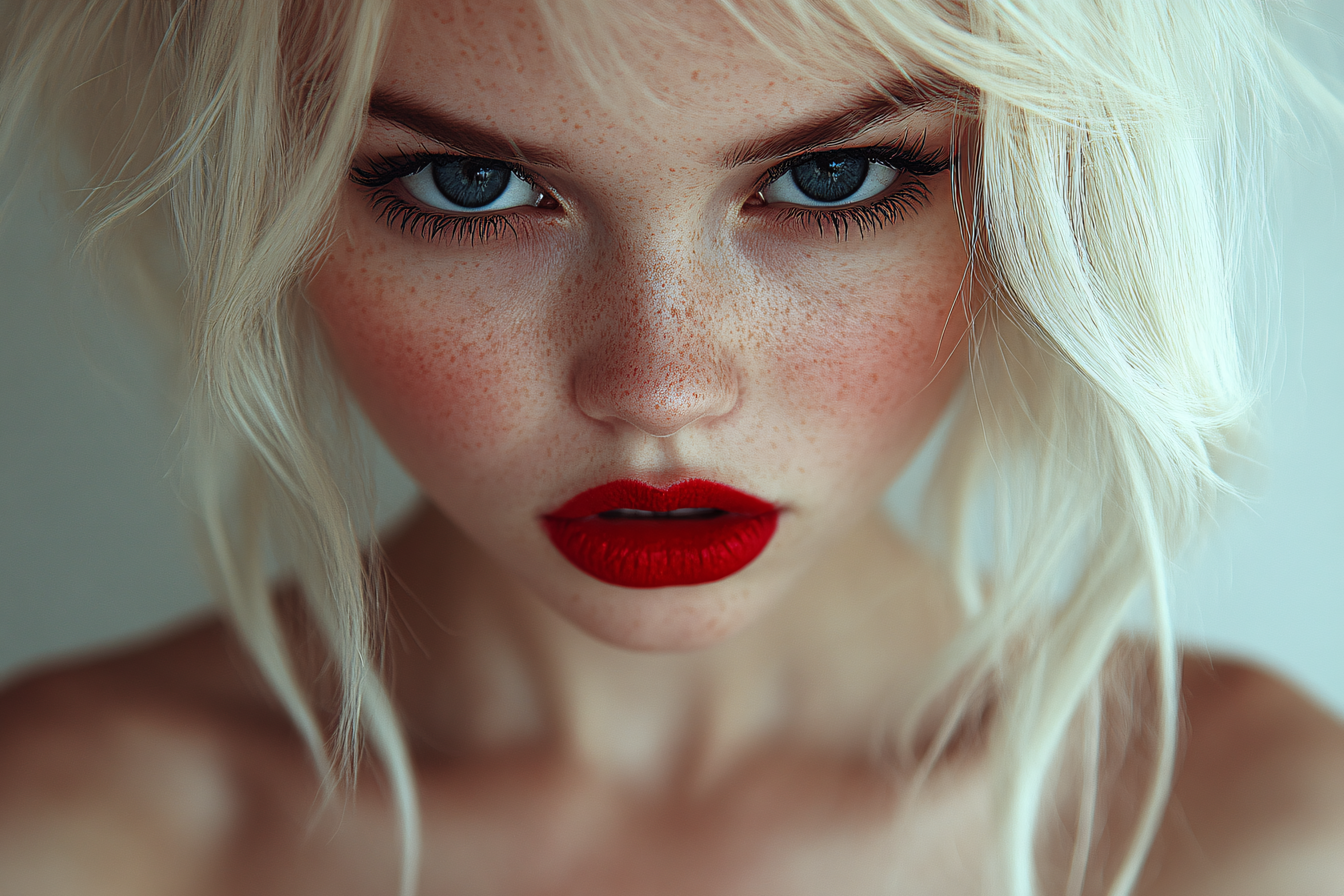 Intense Gaze of Freckled Blonde Woman