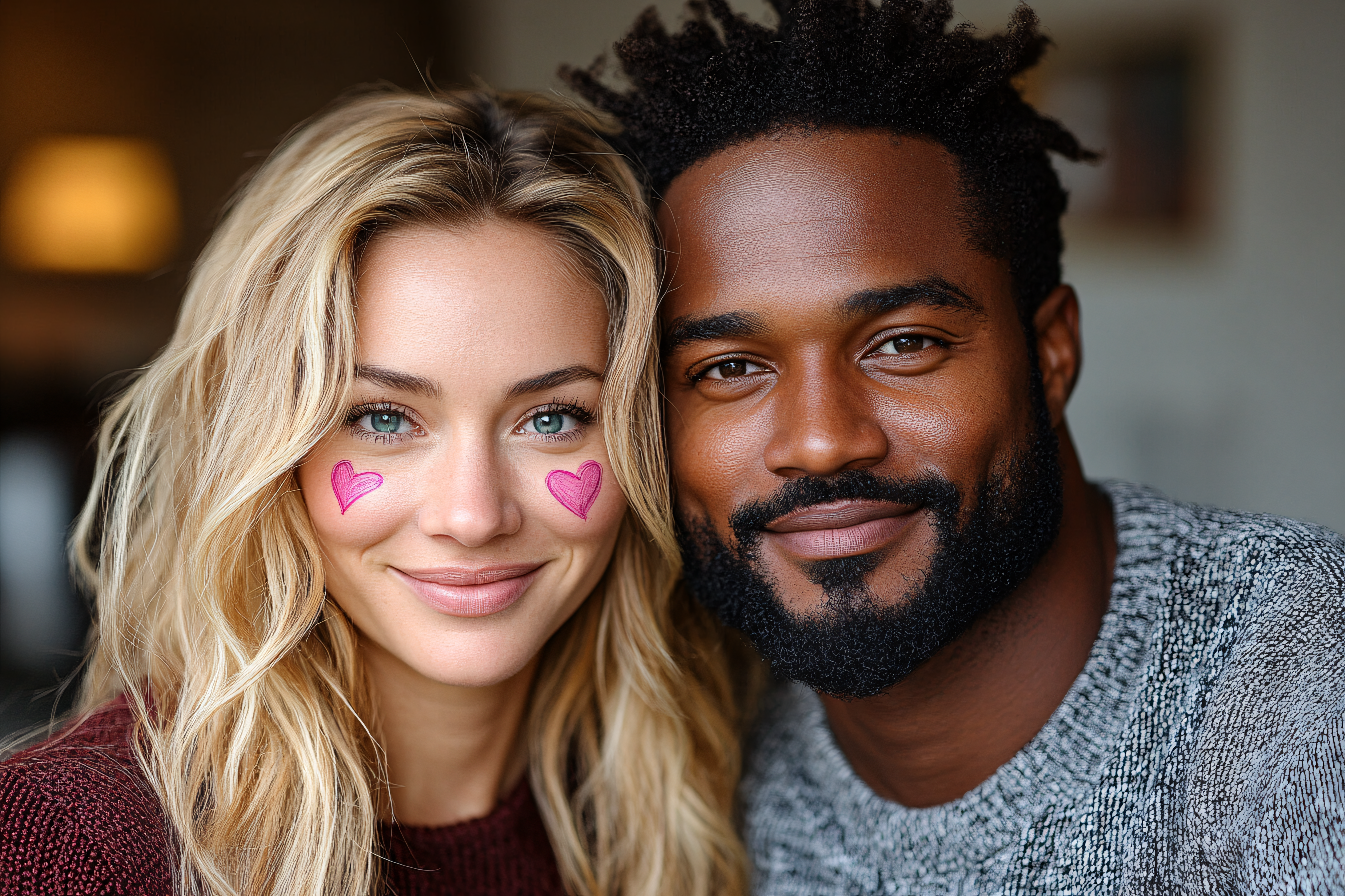 Interracial Couple With Heart Face Paint