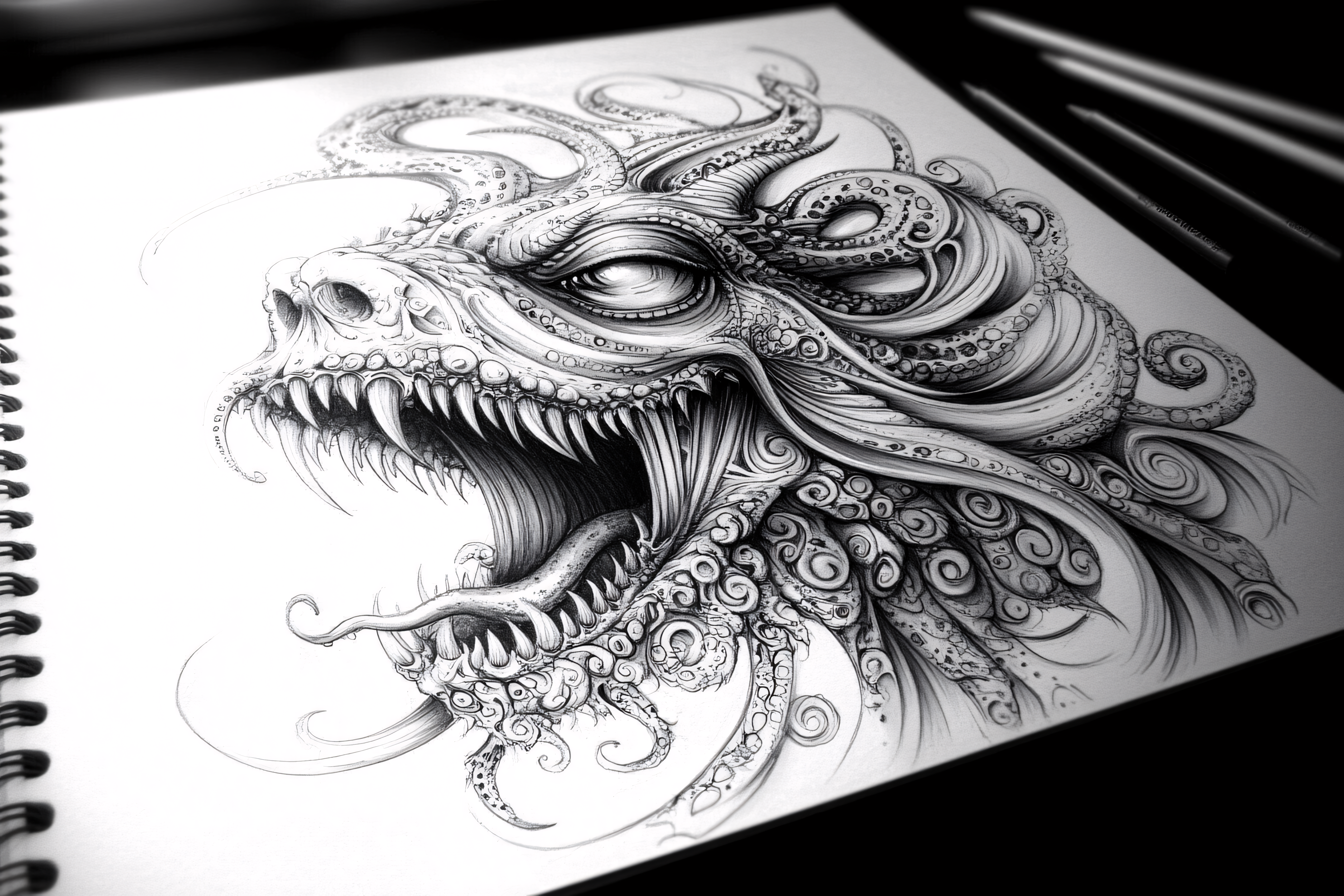 Intricate Monster Head Drawing