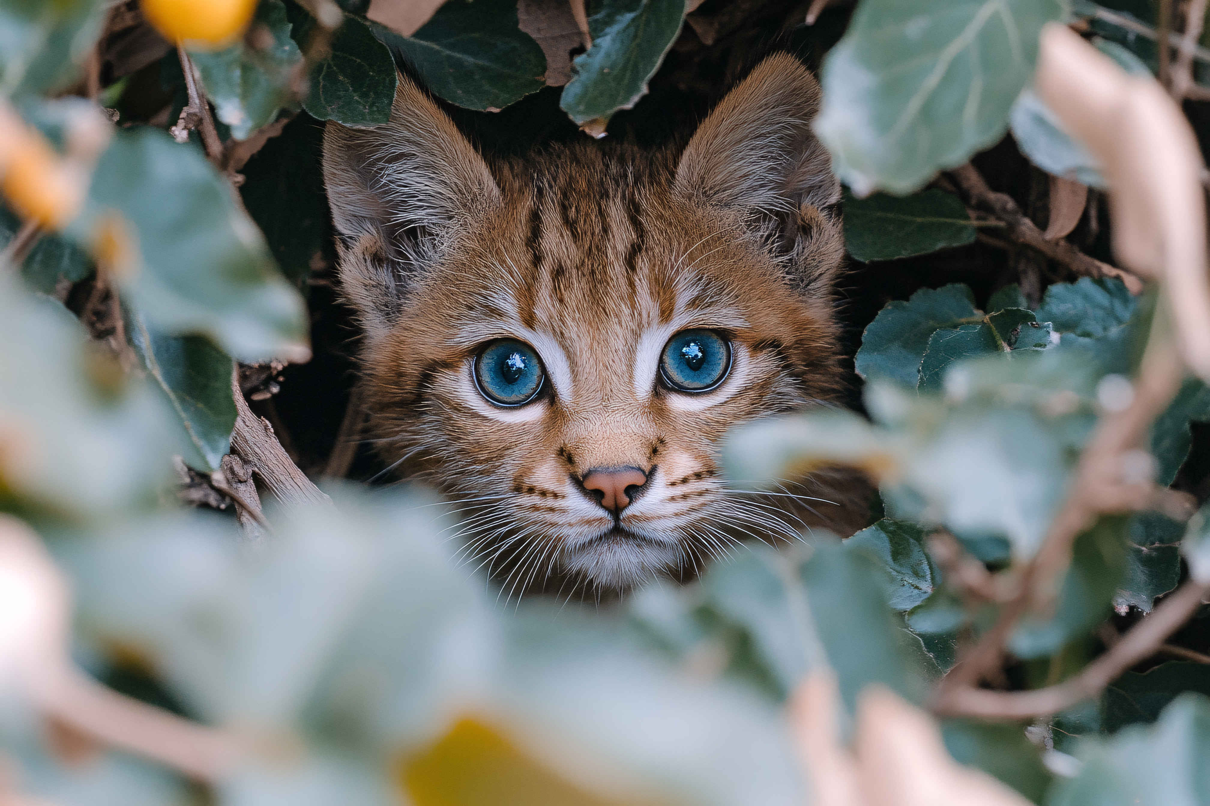 Intrigued Kitten in Green Foliage