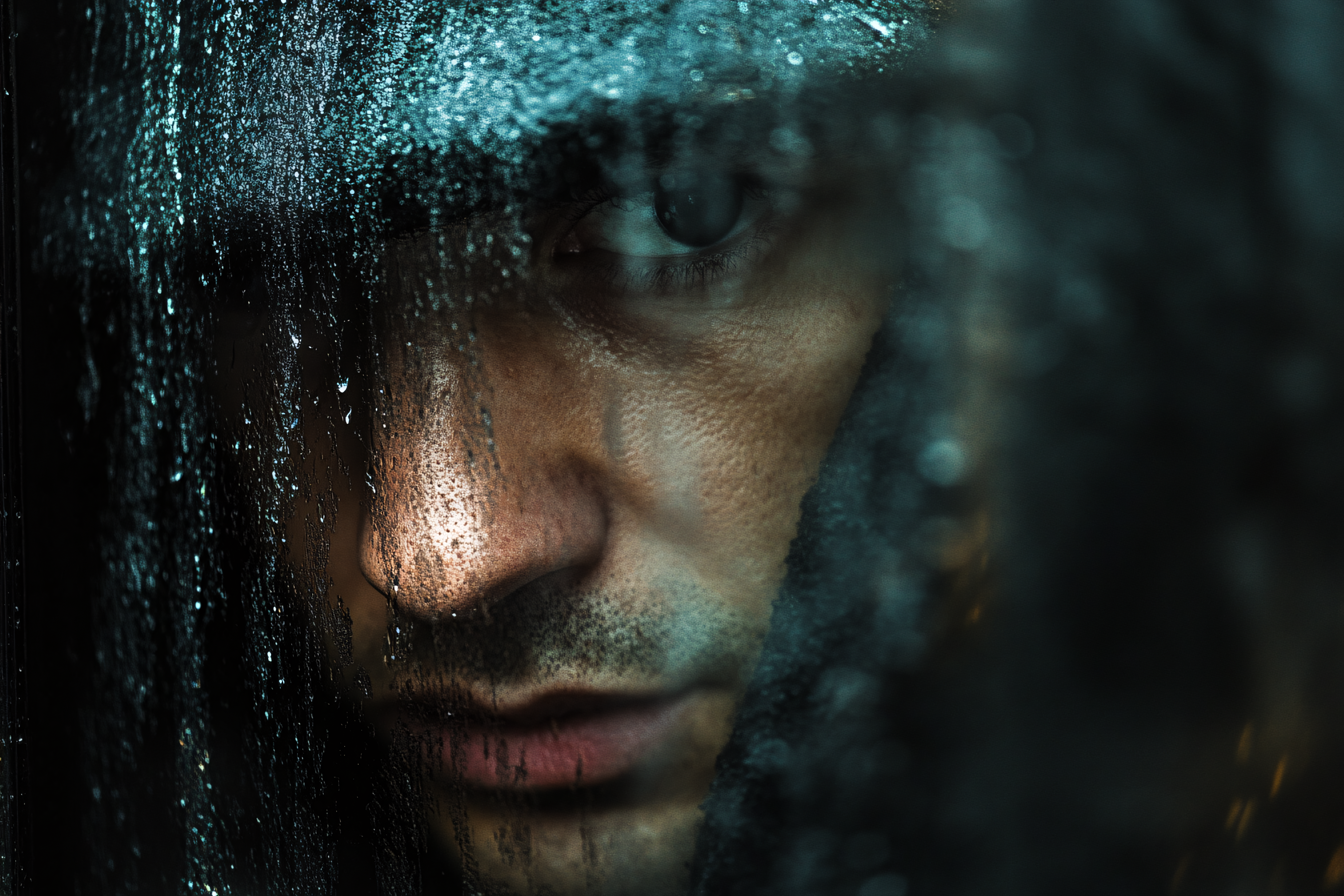 Introspective Gaze Through Rain-Streaked Glass