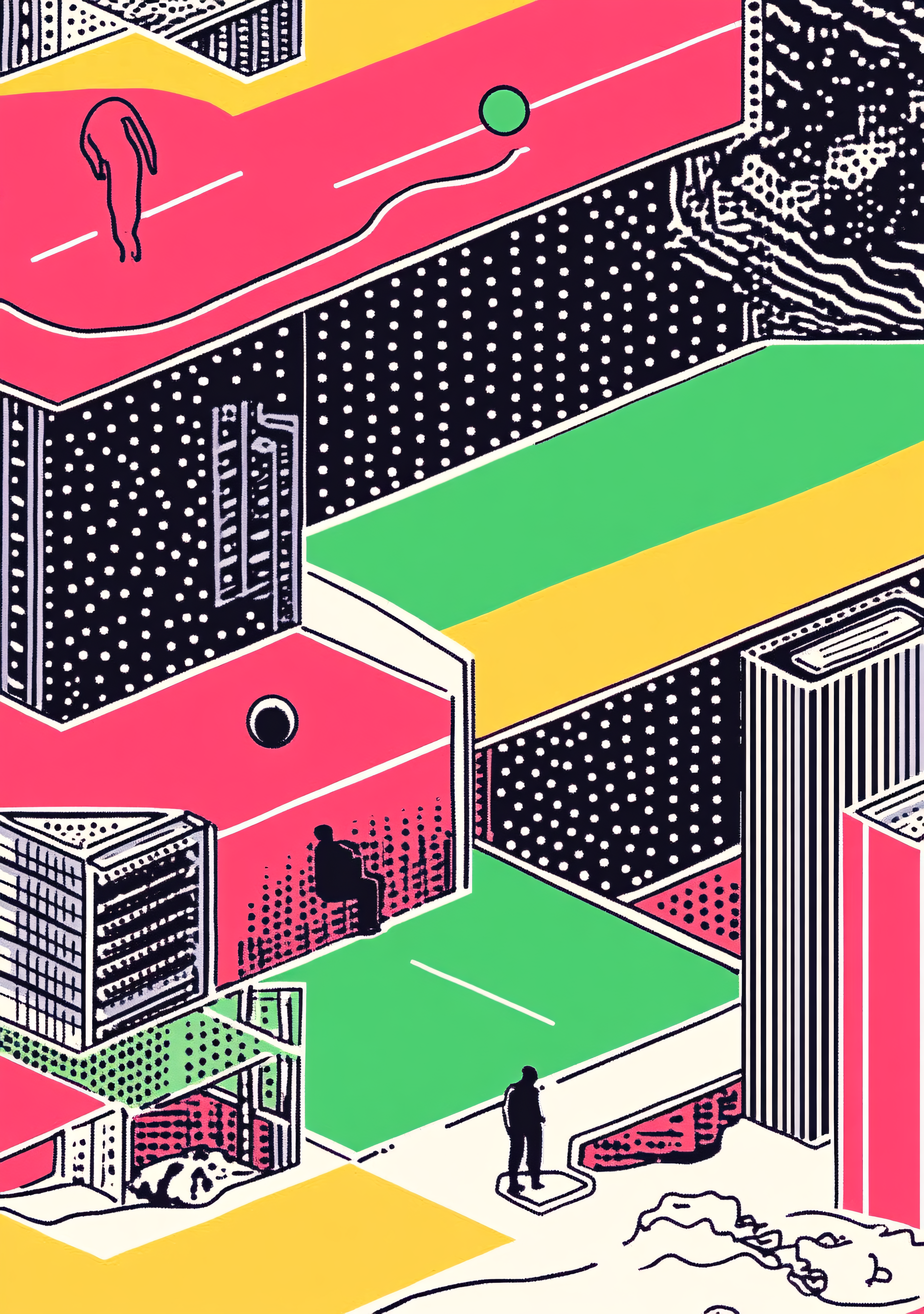 Isometric Cityscape with Abstract Figures