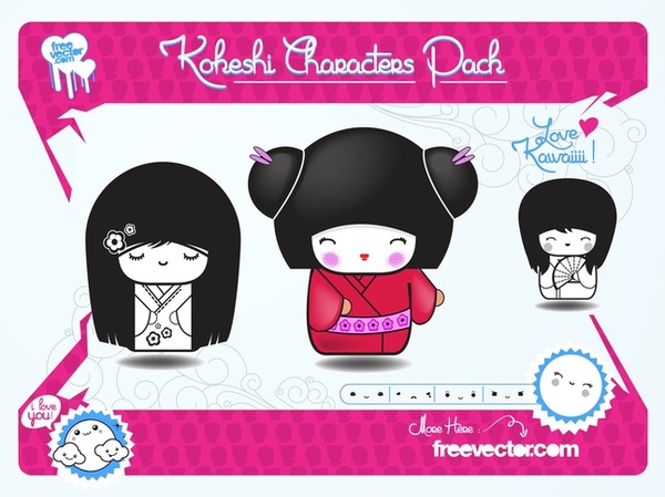 Japanese Dolls Pack Free Vector