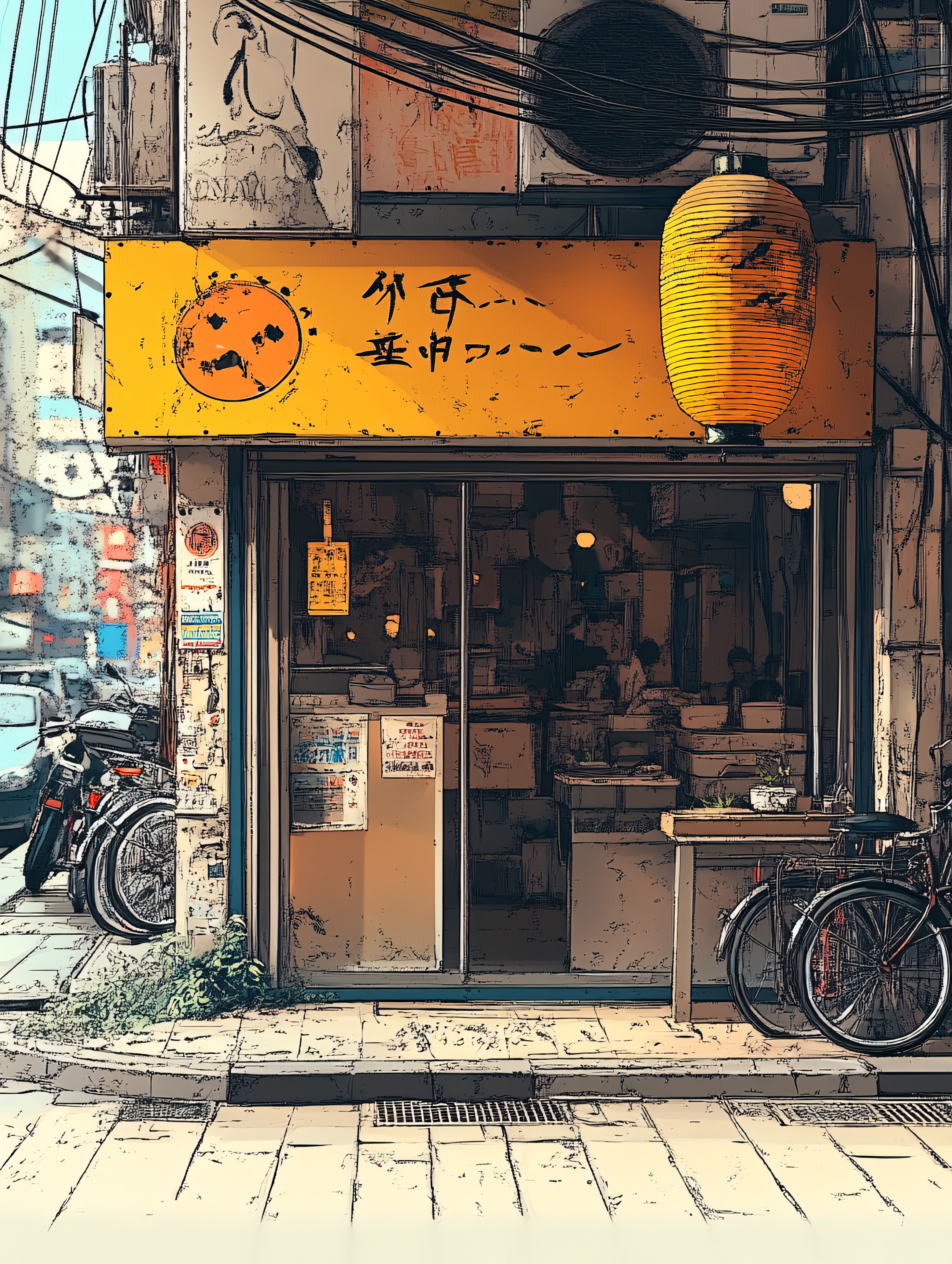 Japanese Storefront with Yellow Sign and Lantern