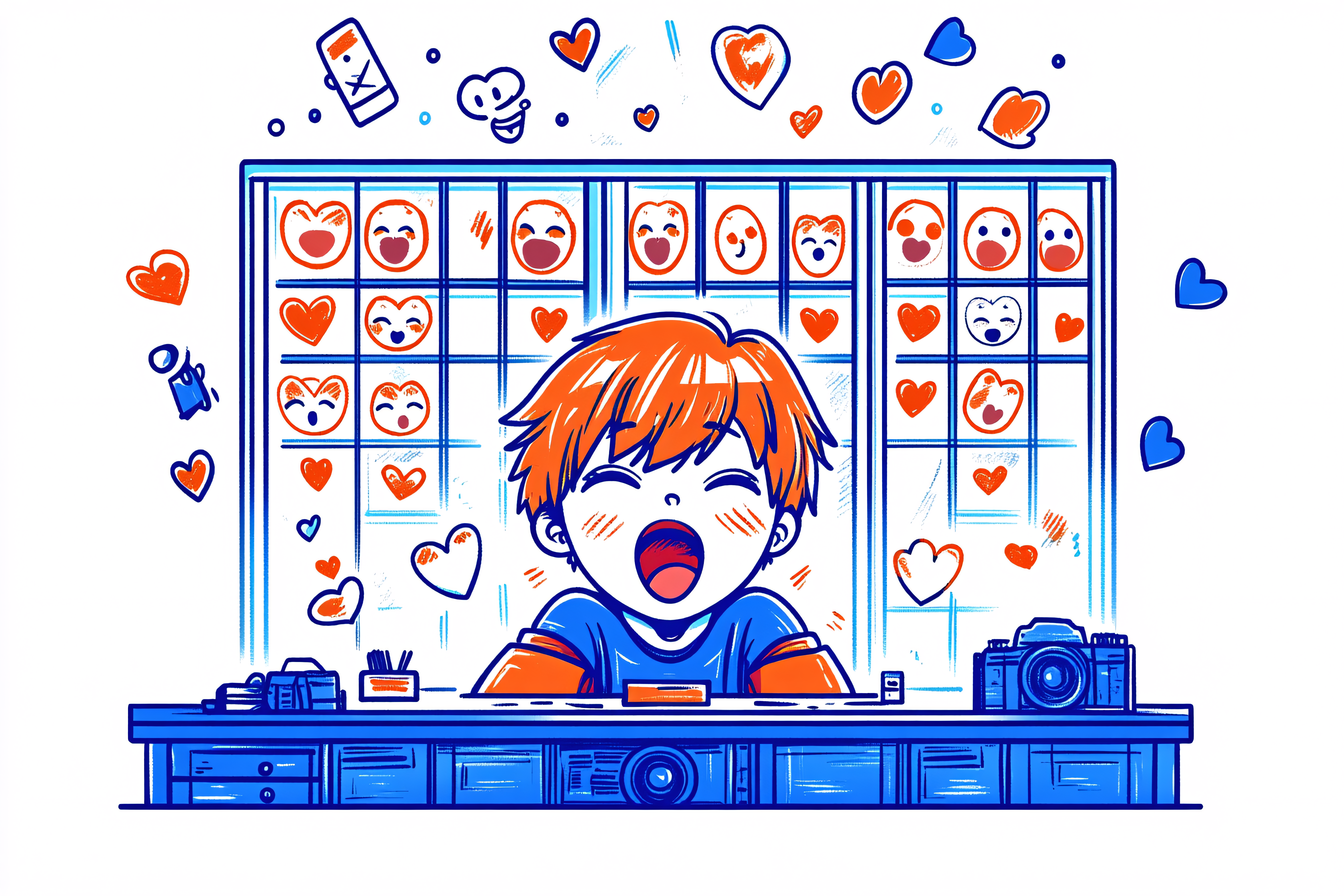Joyful Anime Boy in Room with Hearts