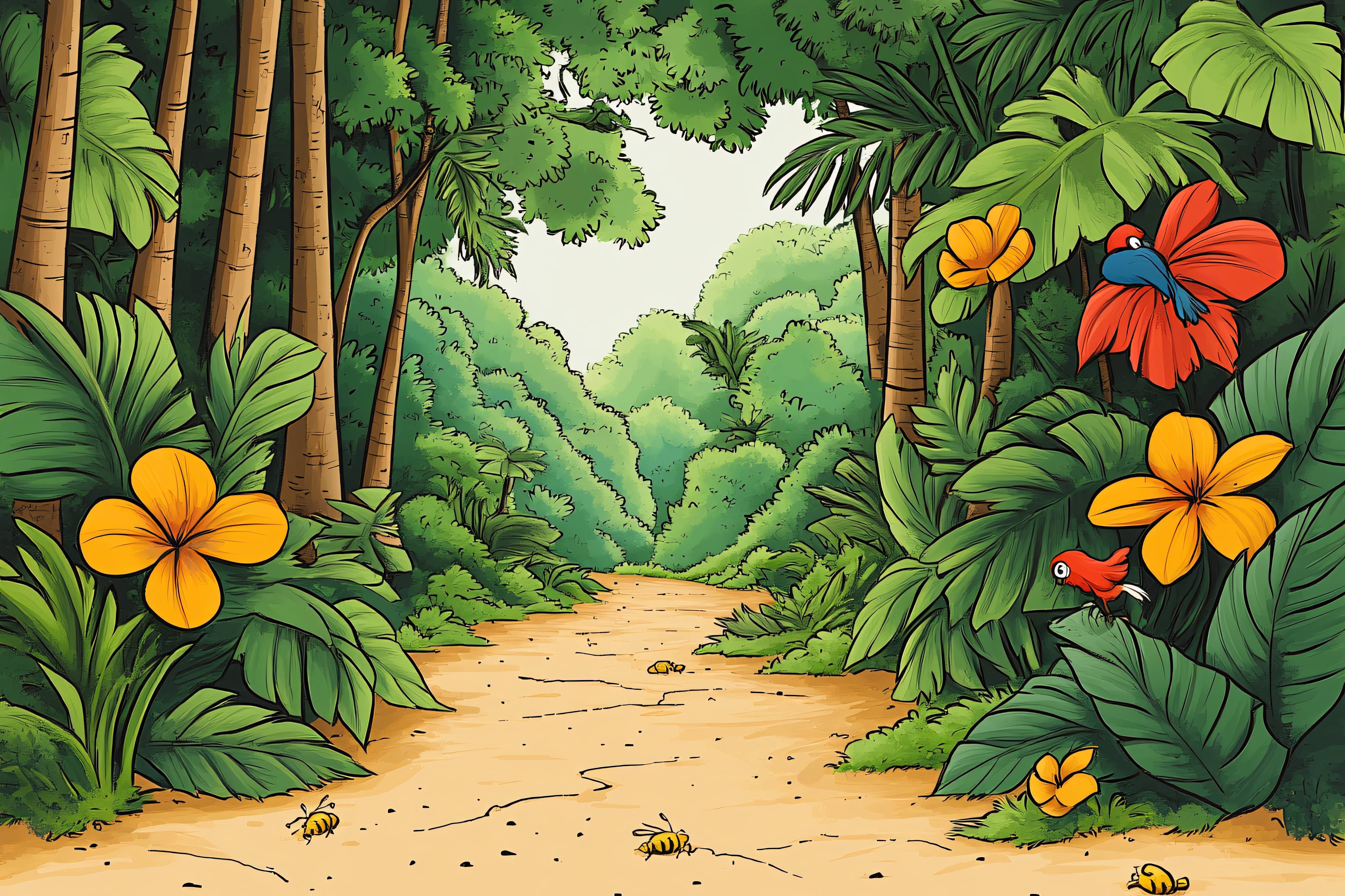 Jungle Path With Exotic Birds