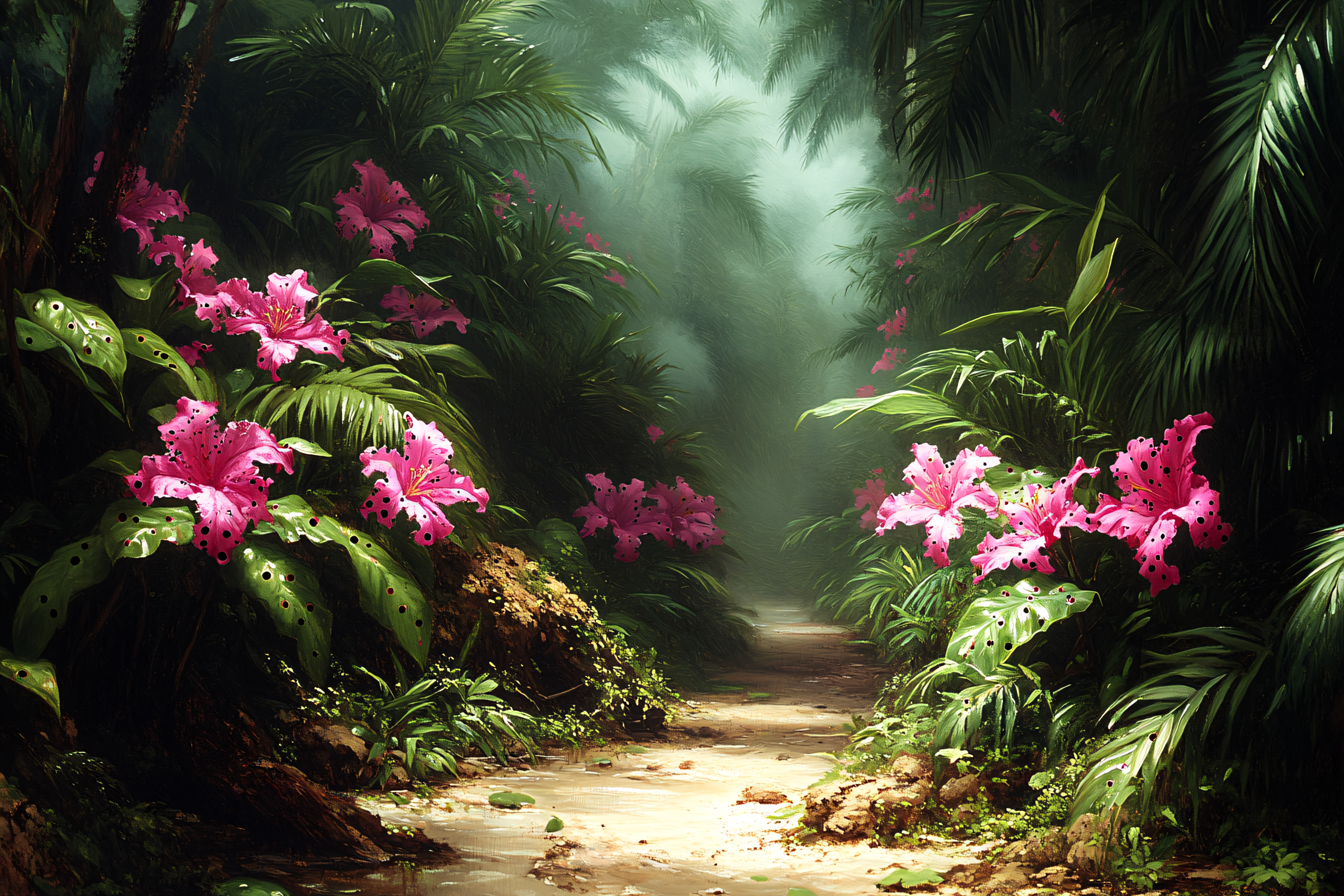 Jungle Path with Pink Flowers