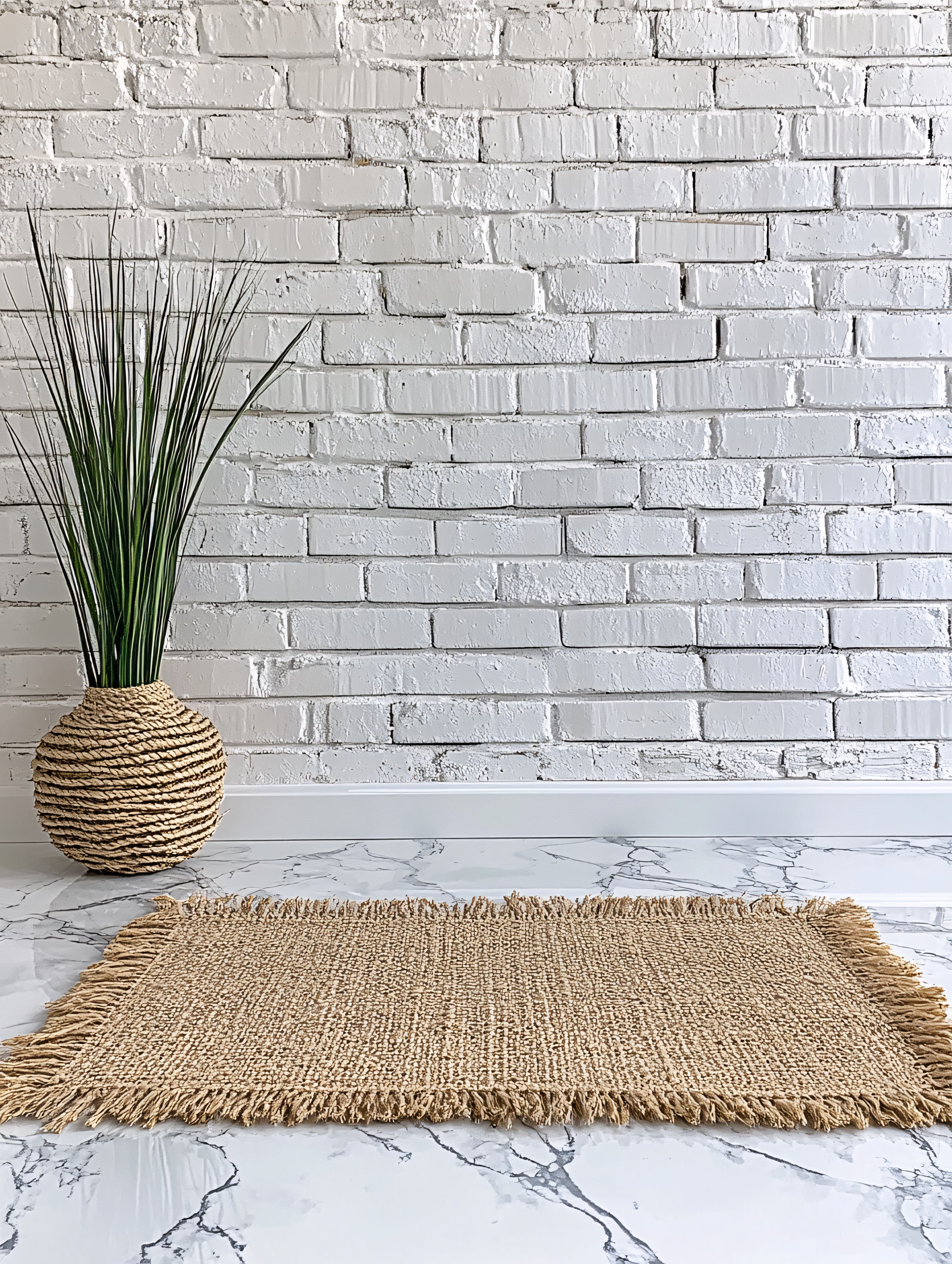 Jute Rug with Plant Pot and White Brick Wall