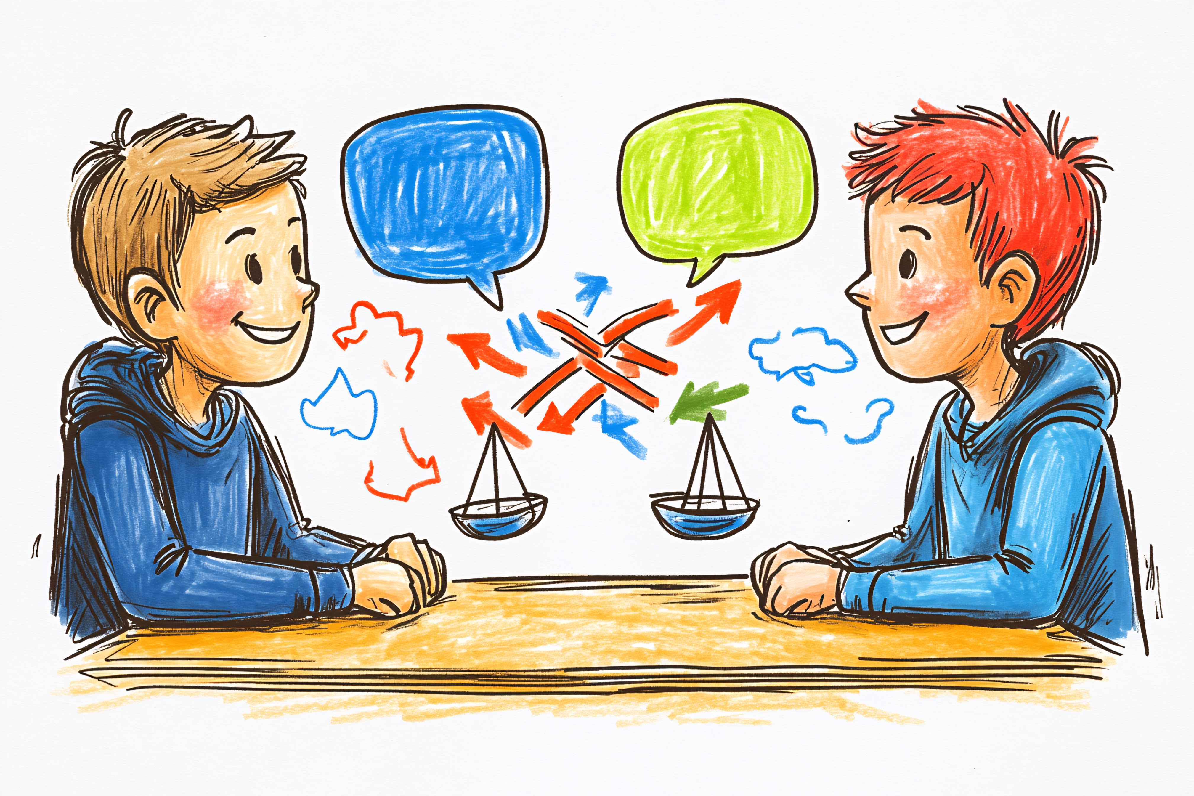 Kids Discussing Ideas With Scales And Arrows