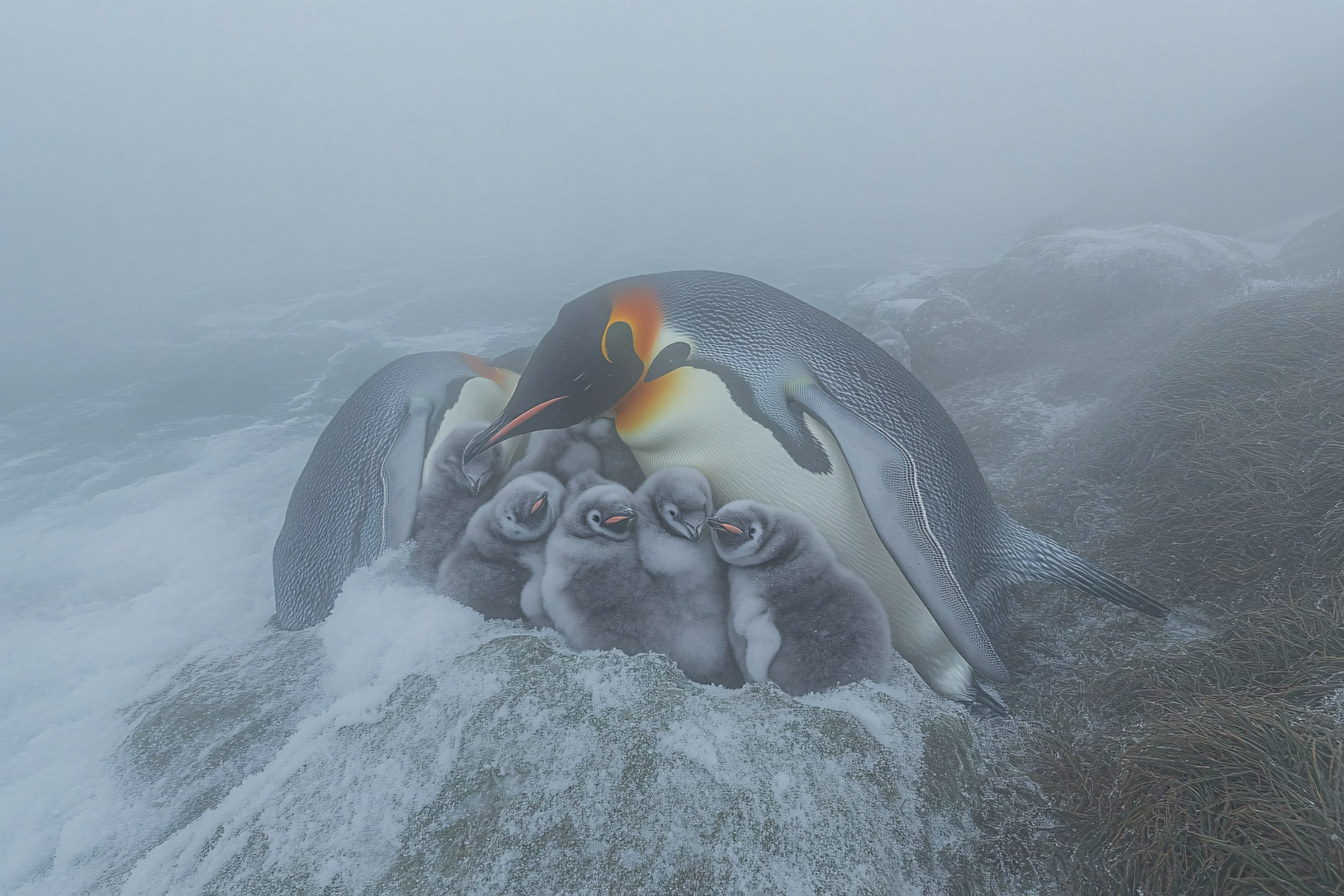 King Penguin Parent Sheltering Chicks In Fog