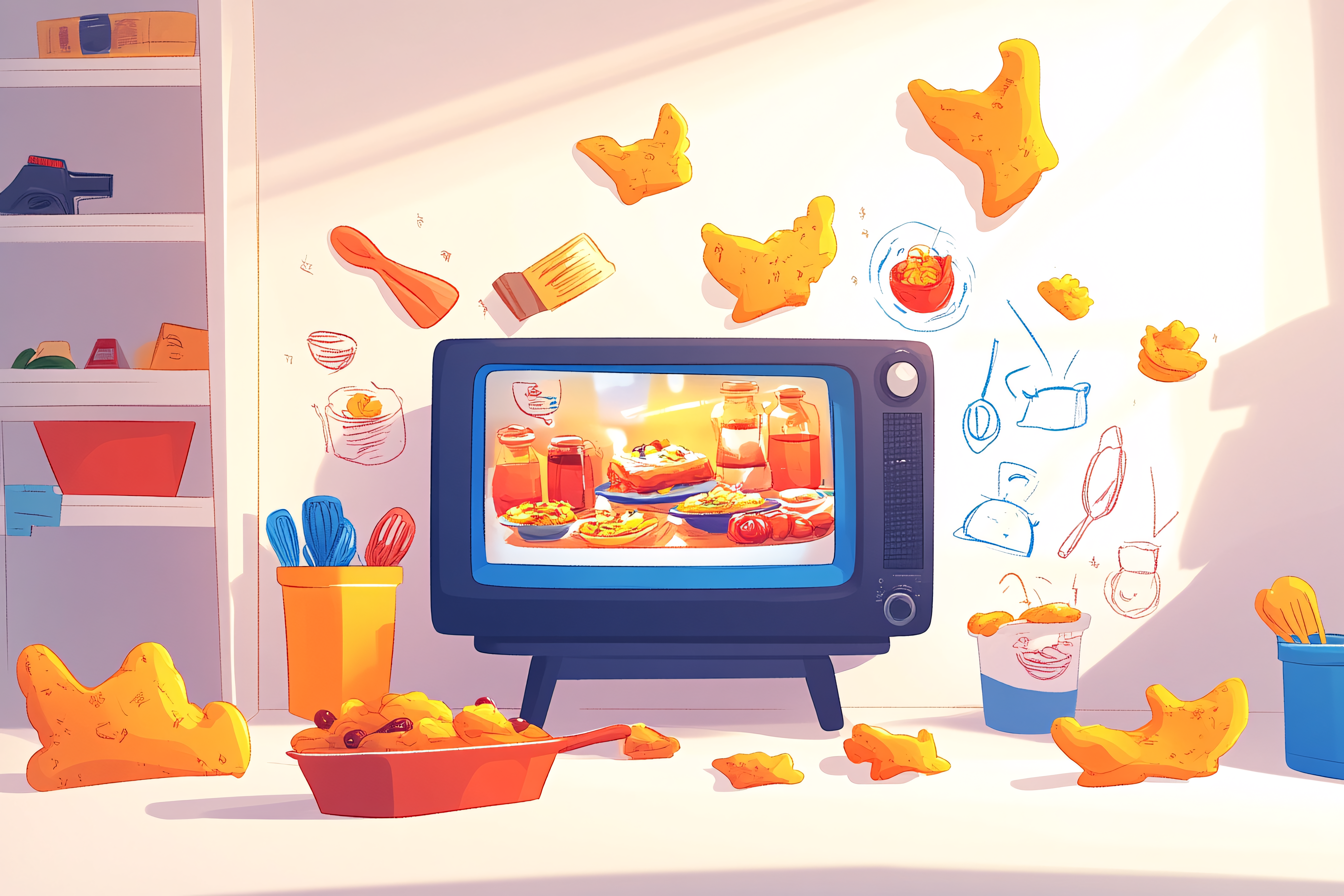 Kitchen Scene with TV and Food