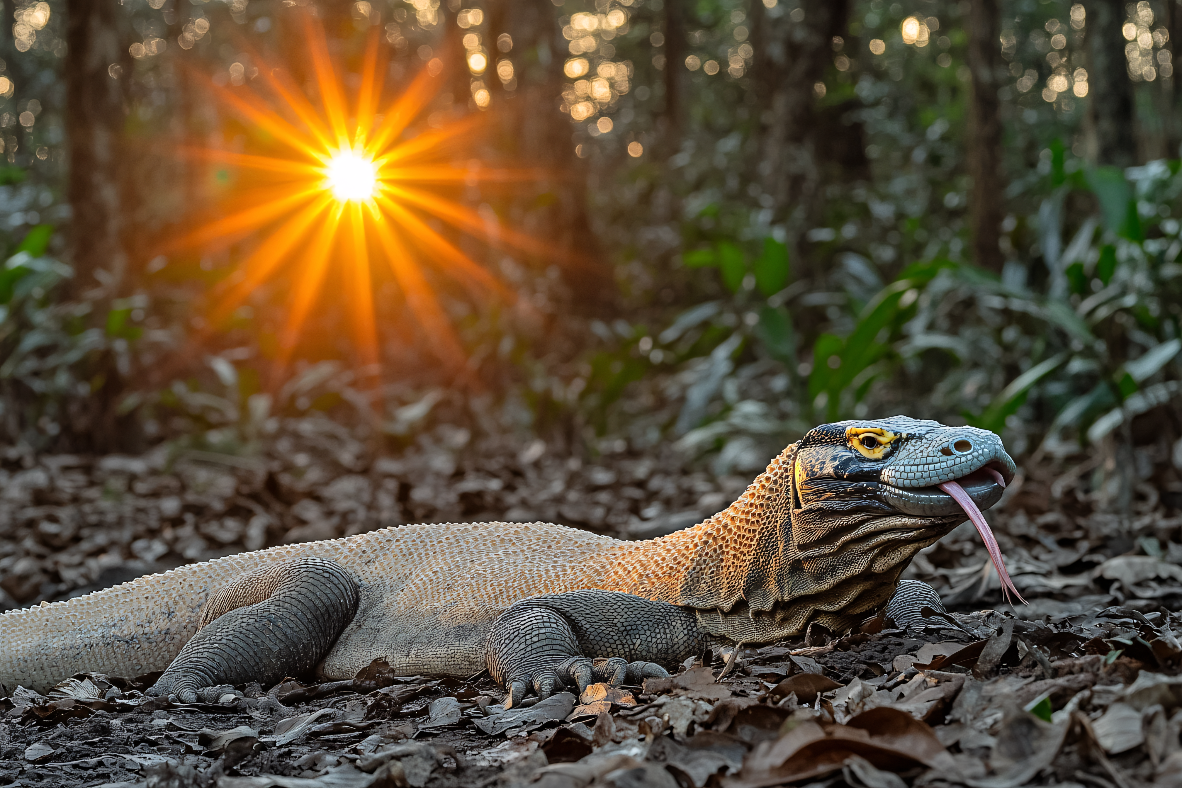 Komodo Dragon Resting In Forest Sunlight