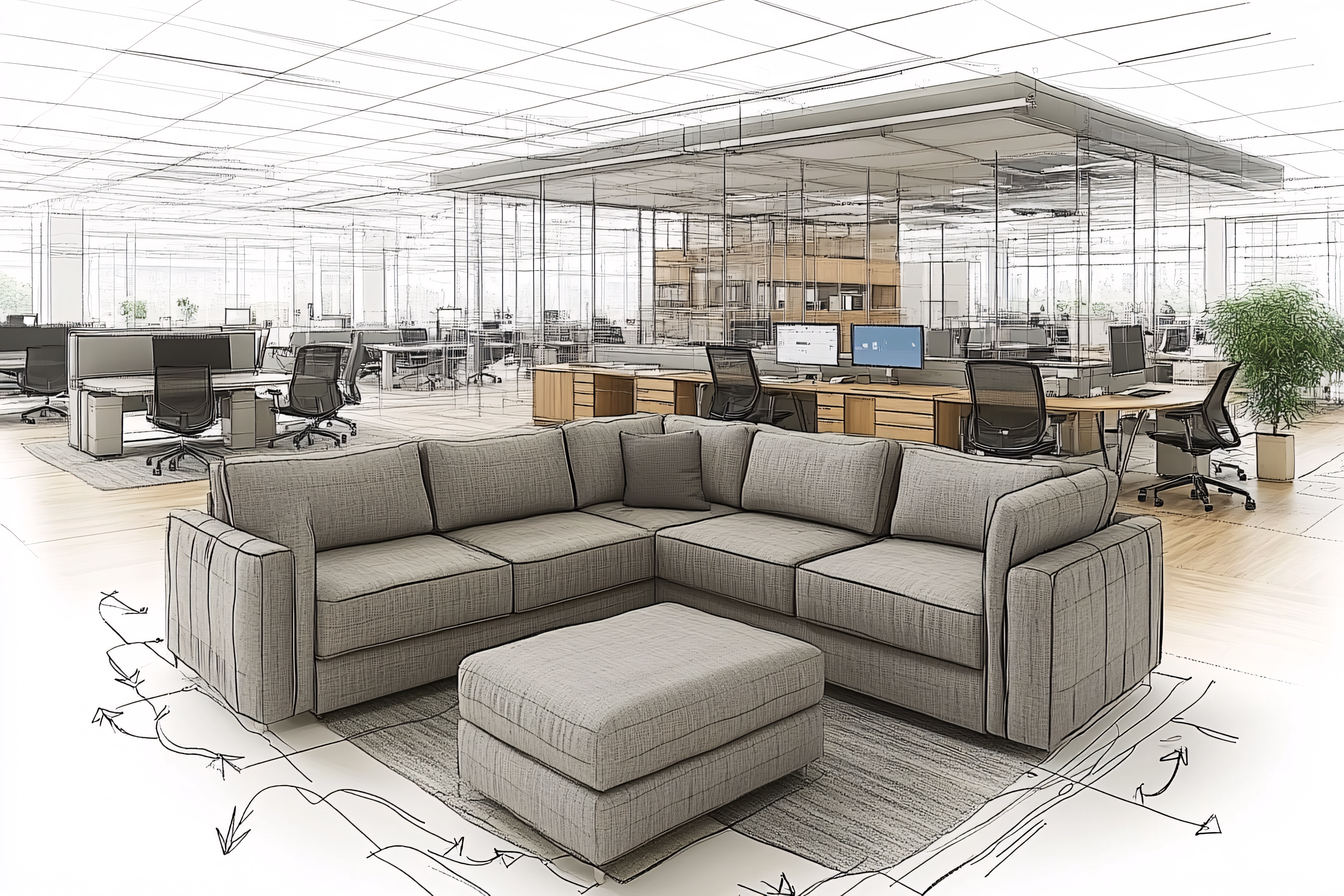 L-Shaped Sofa in Open Office Sketch