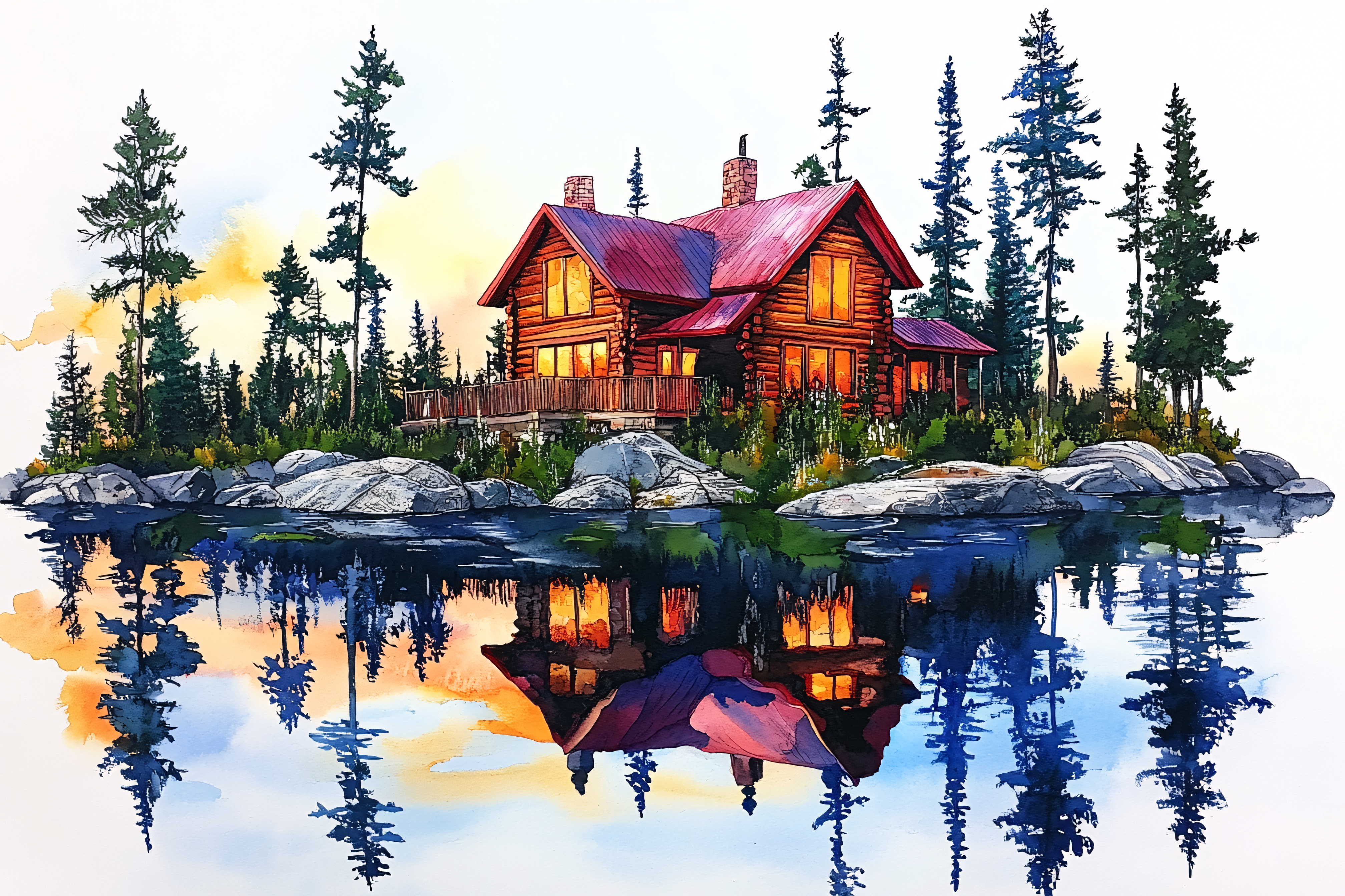 Lakeside Cabin Watercolor Painting with Sunset Reflections