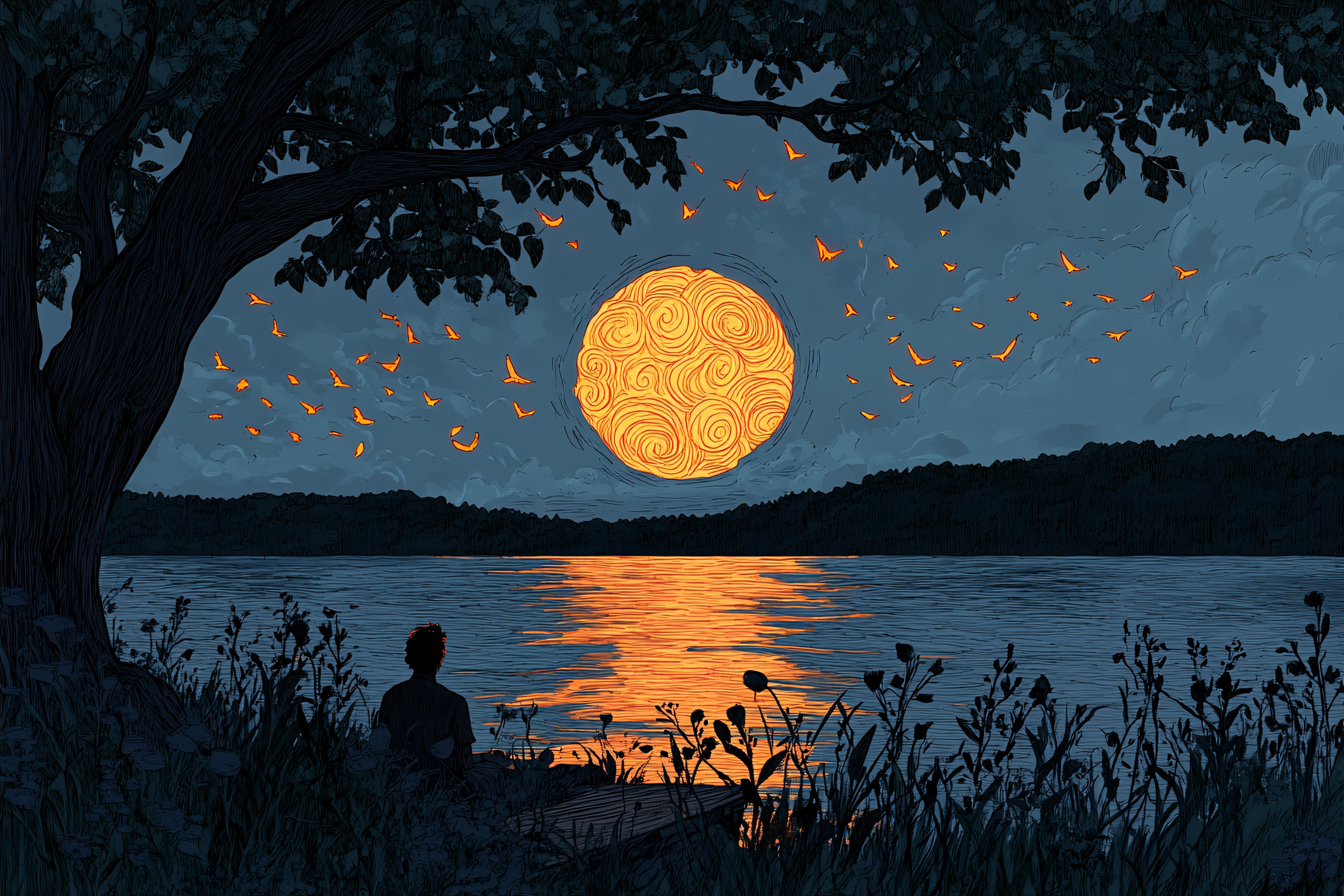 Lakeside Contemplation Under A Swirling Moon