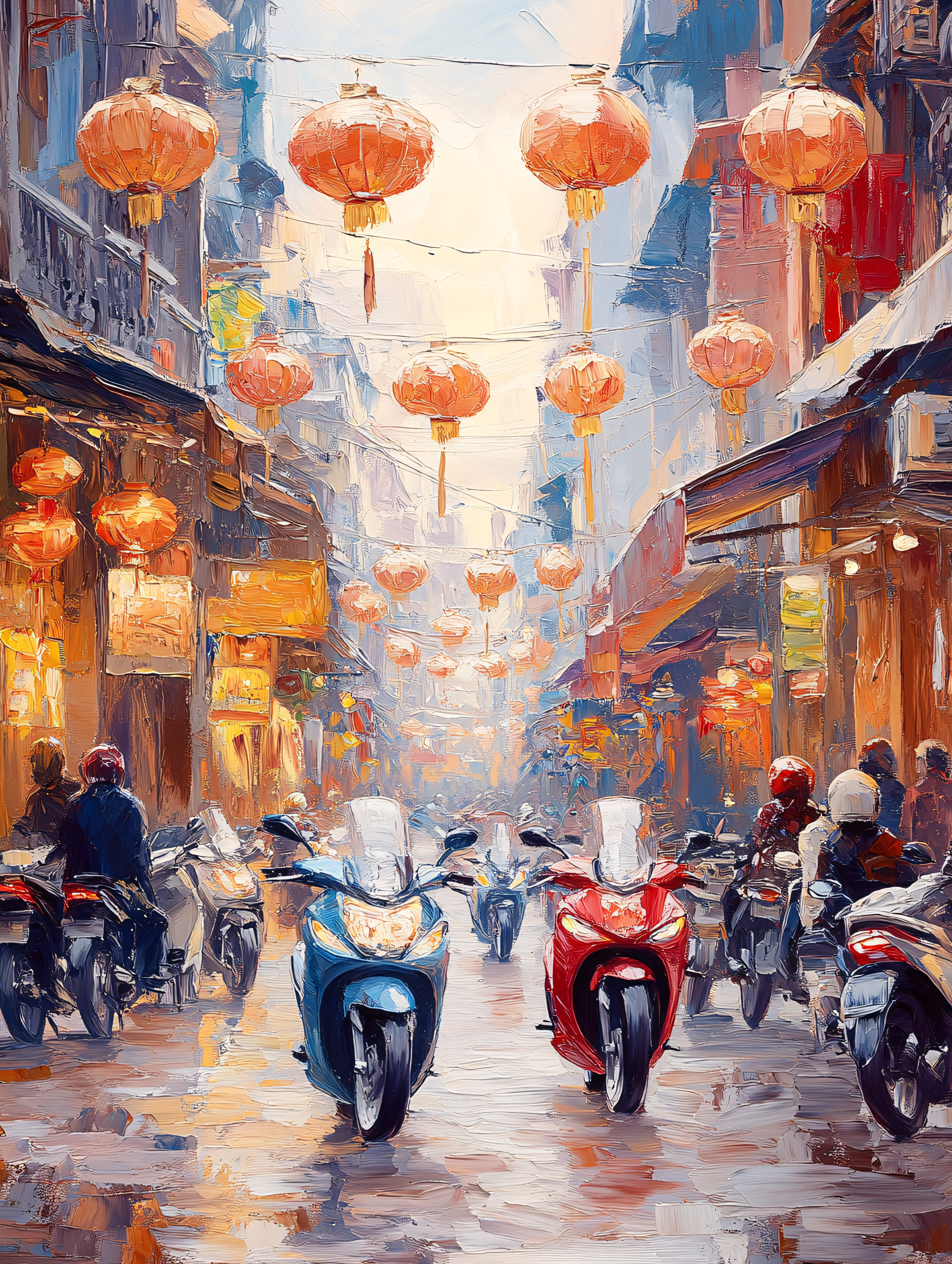 Lantern Lit Street With Motorbikes