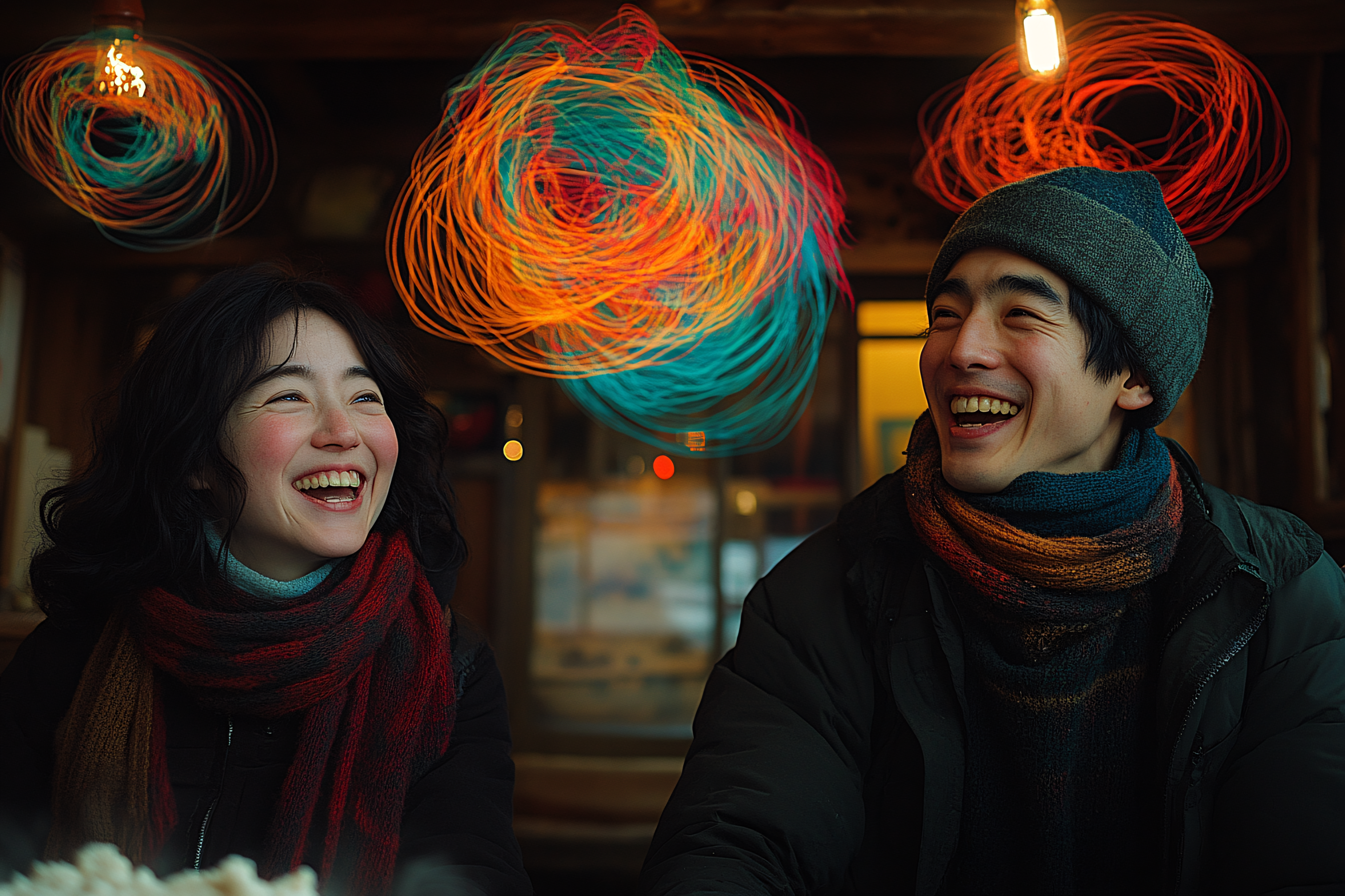 Laughing Couple Under Decorative Lights
