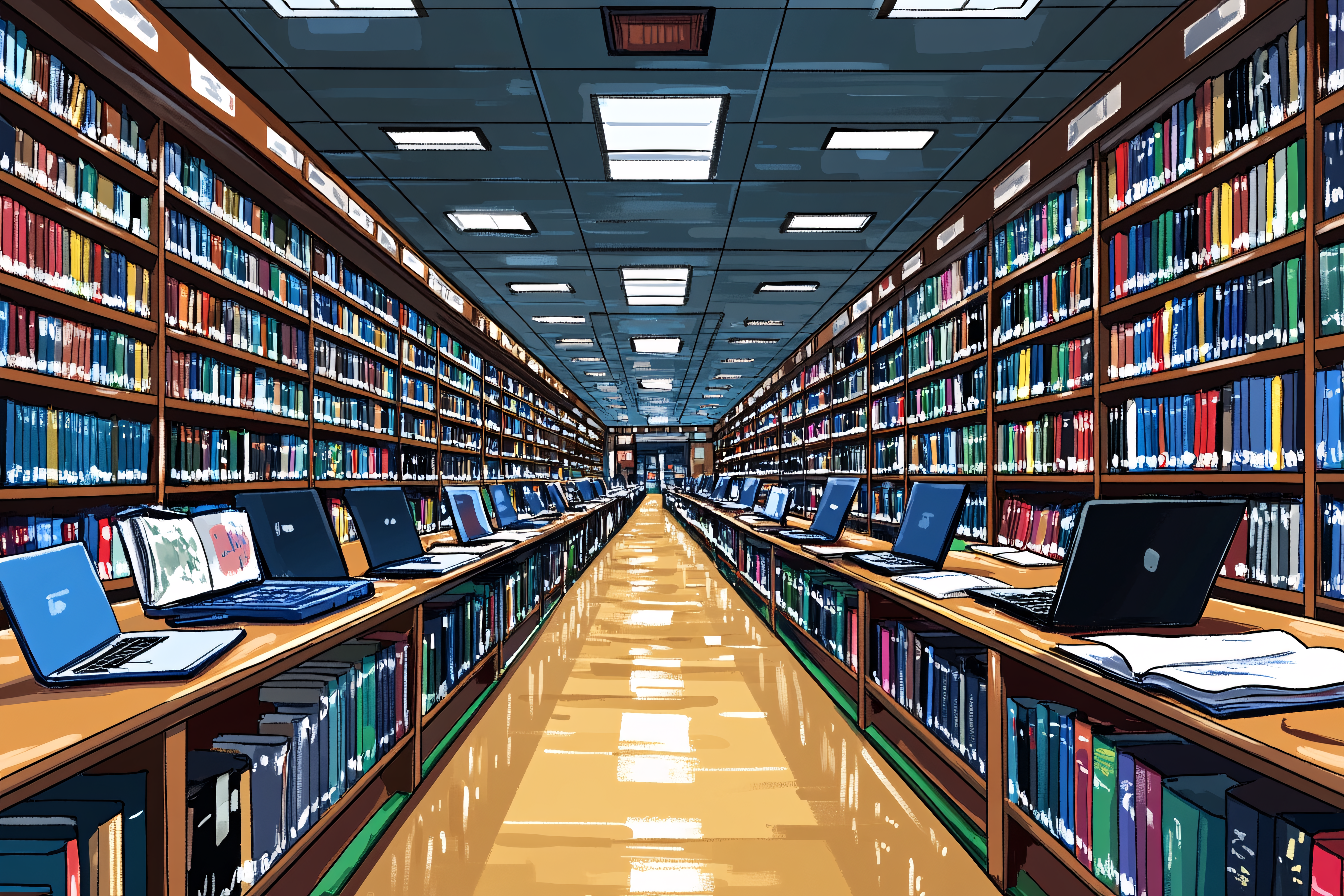 Library Aisle With Laptops