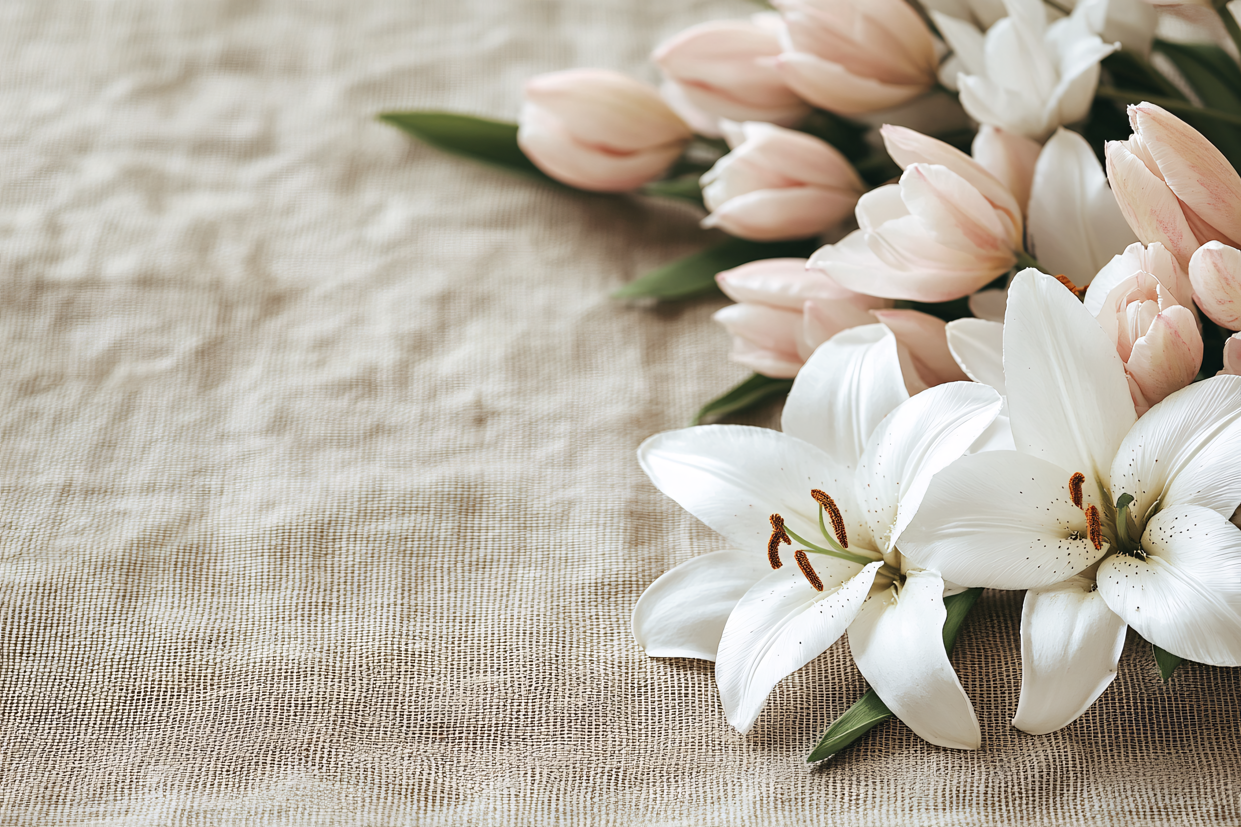 Lilies and Tulips on Textured Linen