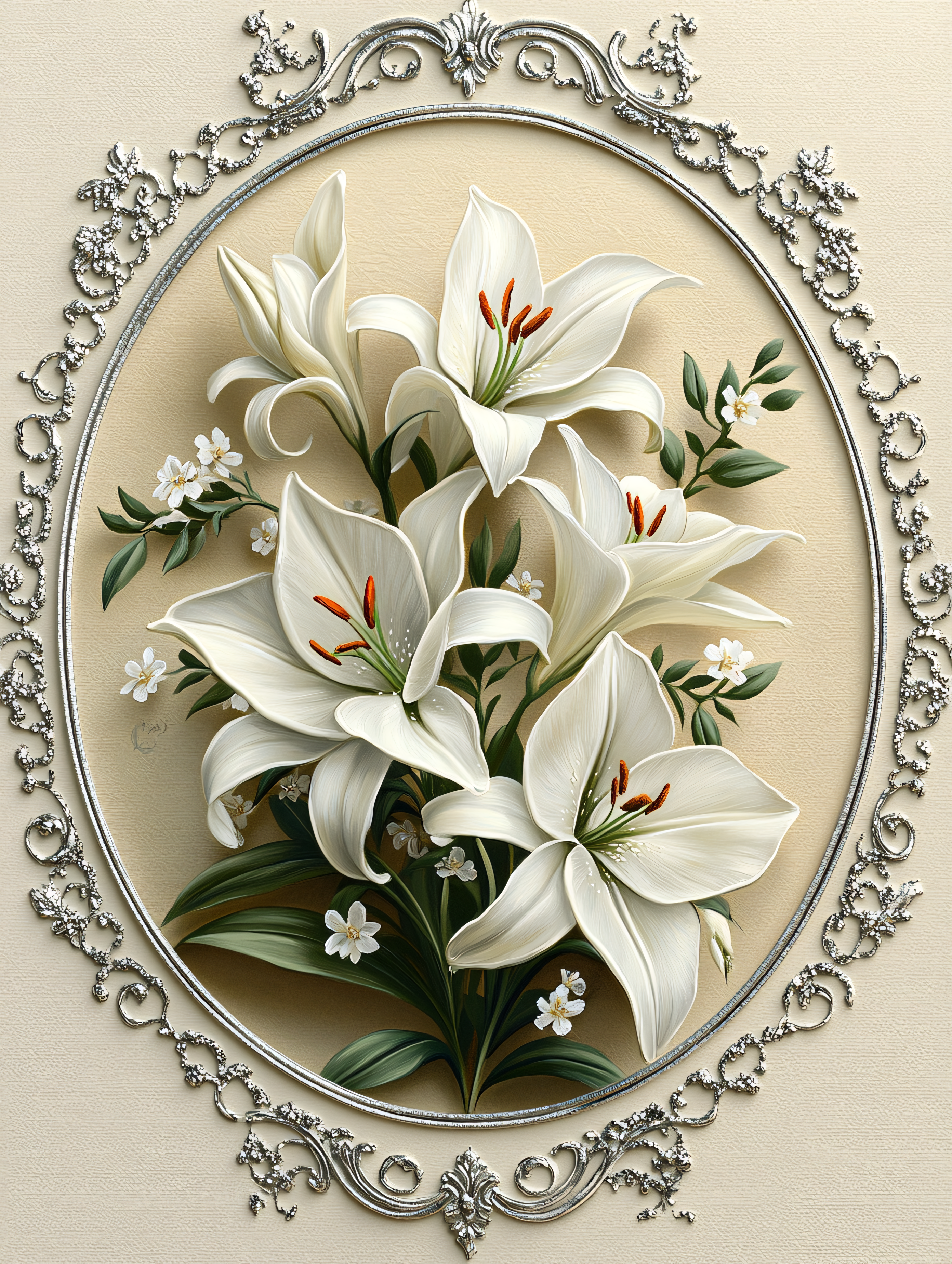 Lilies in a Silver Oval Frame