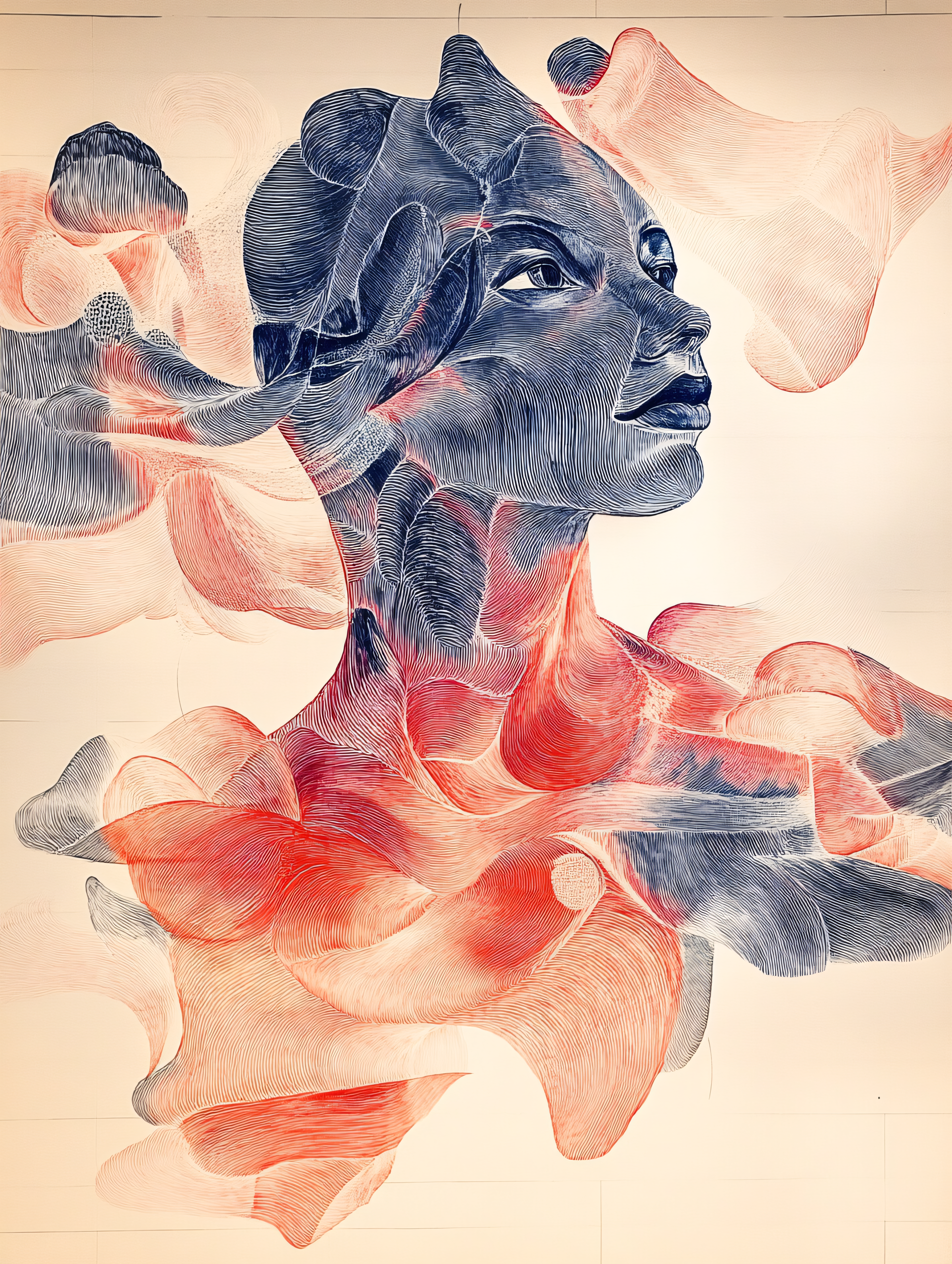 Line Art Portrait Of Woman With Abstract Swirls