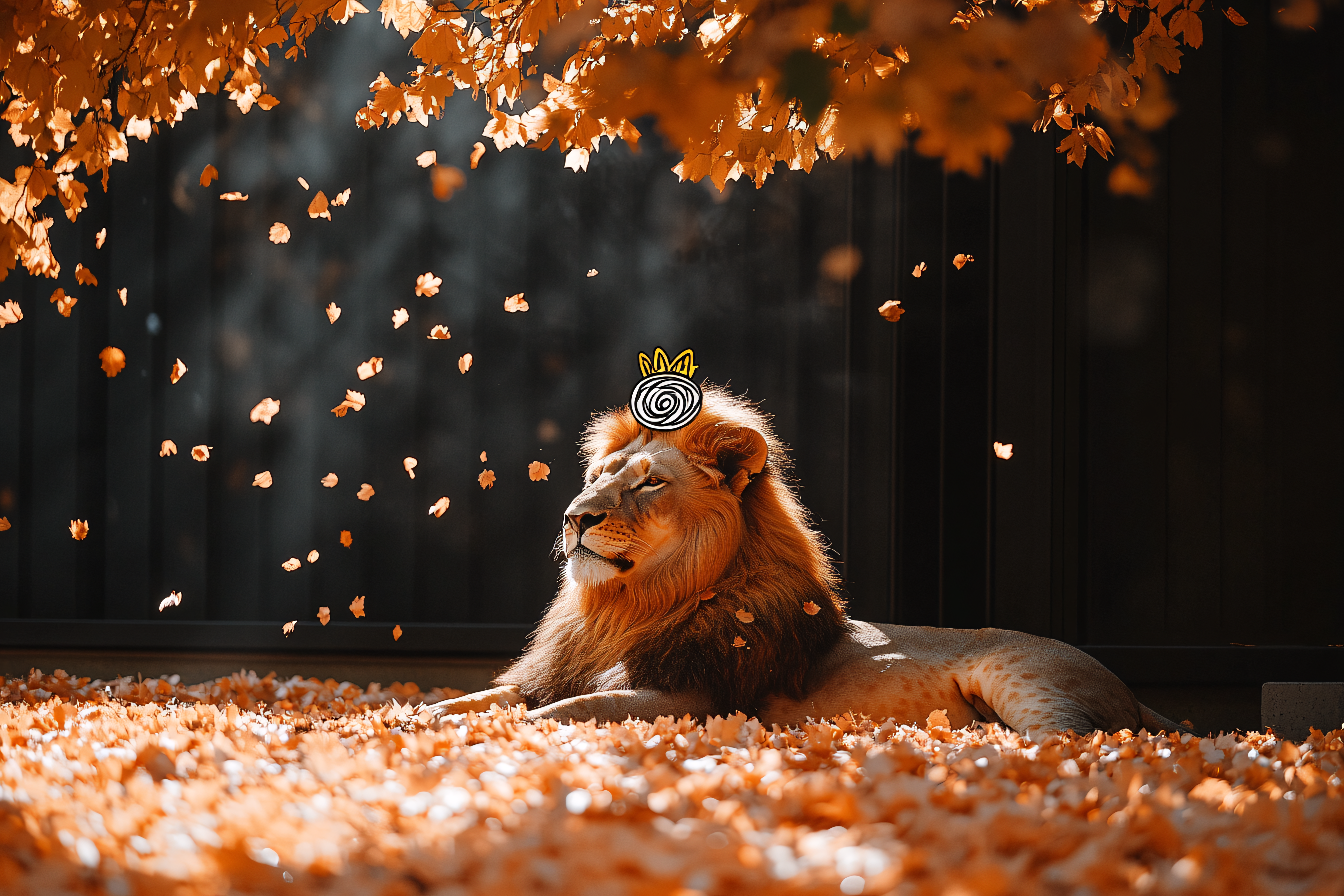 Lion Under Autumn Leaves