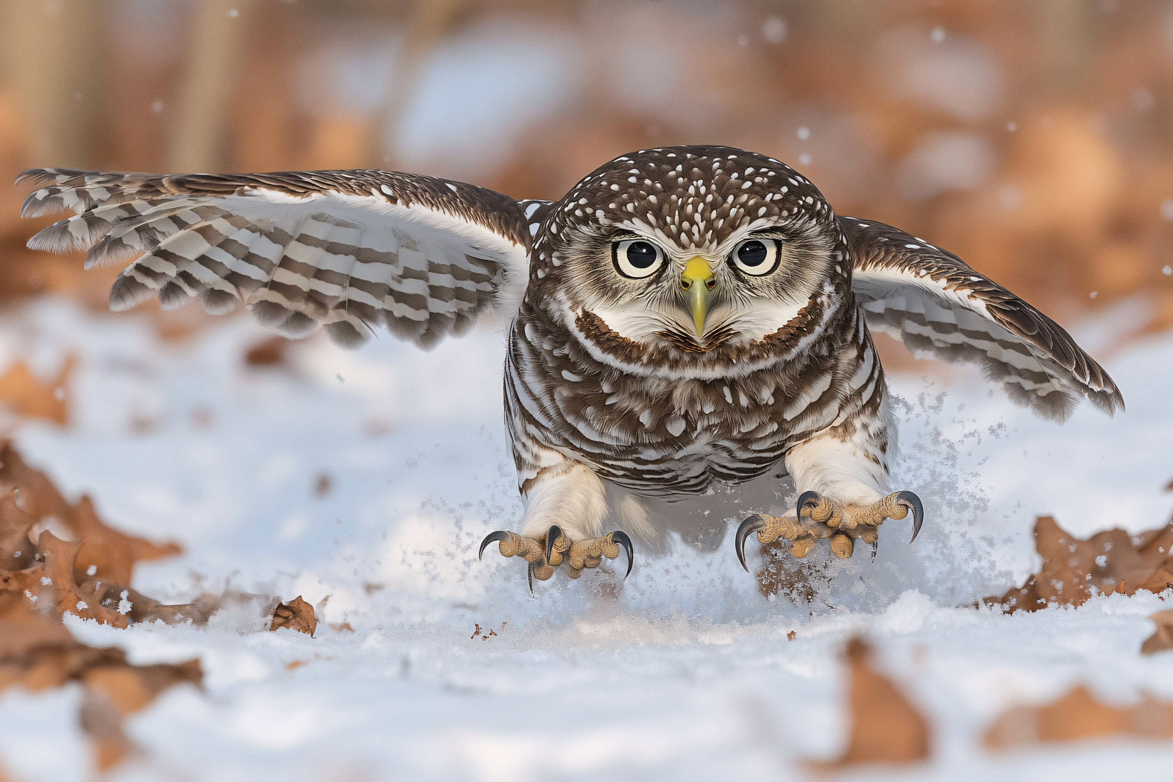 Little Owl Landing In Snow