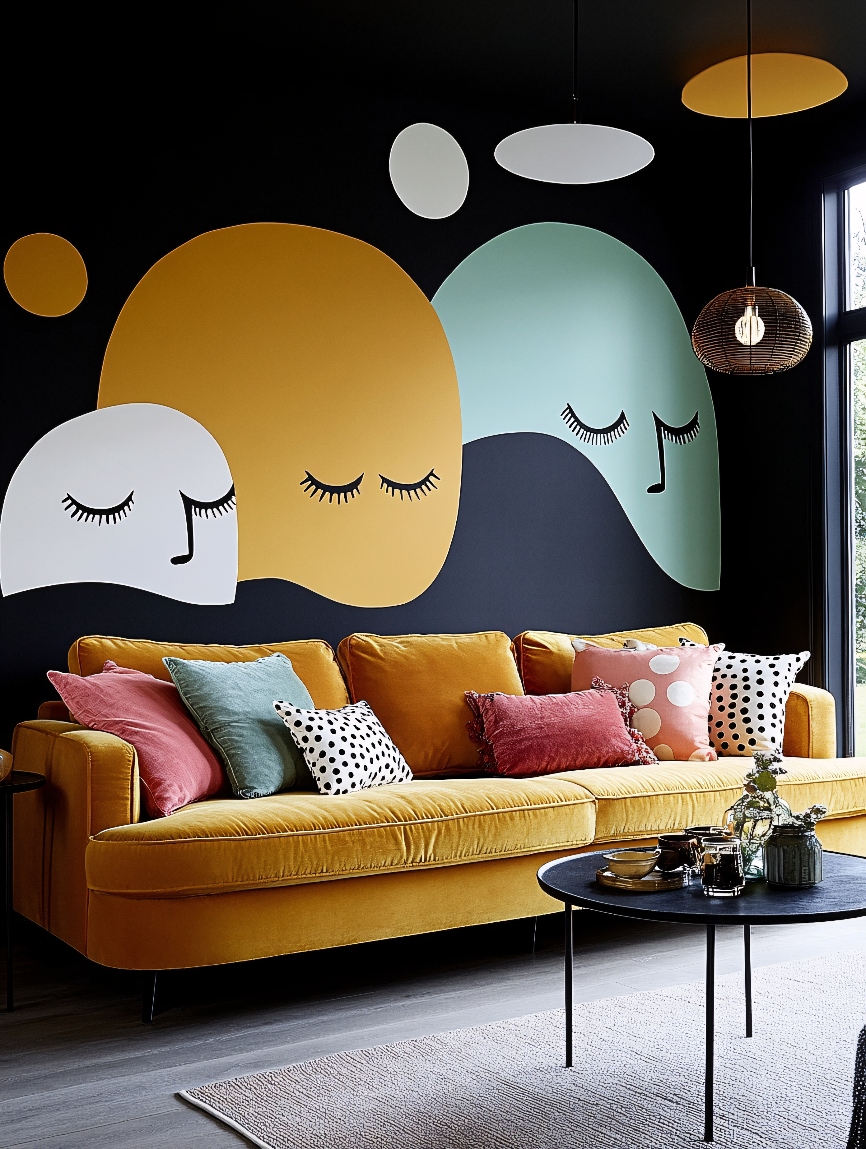 Living Room With Yellow Sofa And Abstract Face Wall Art