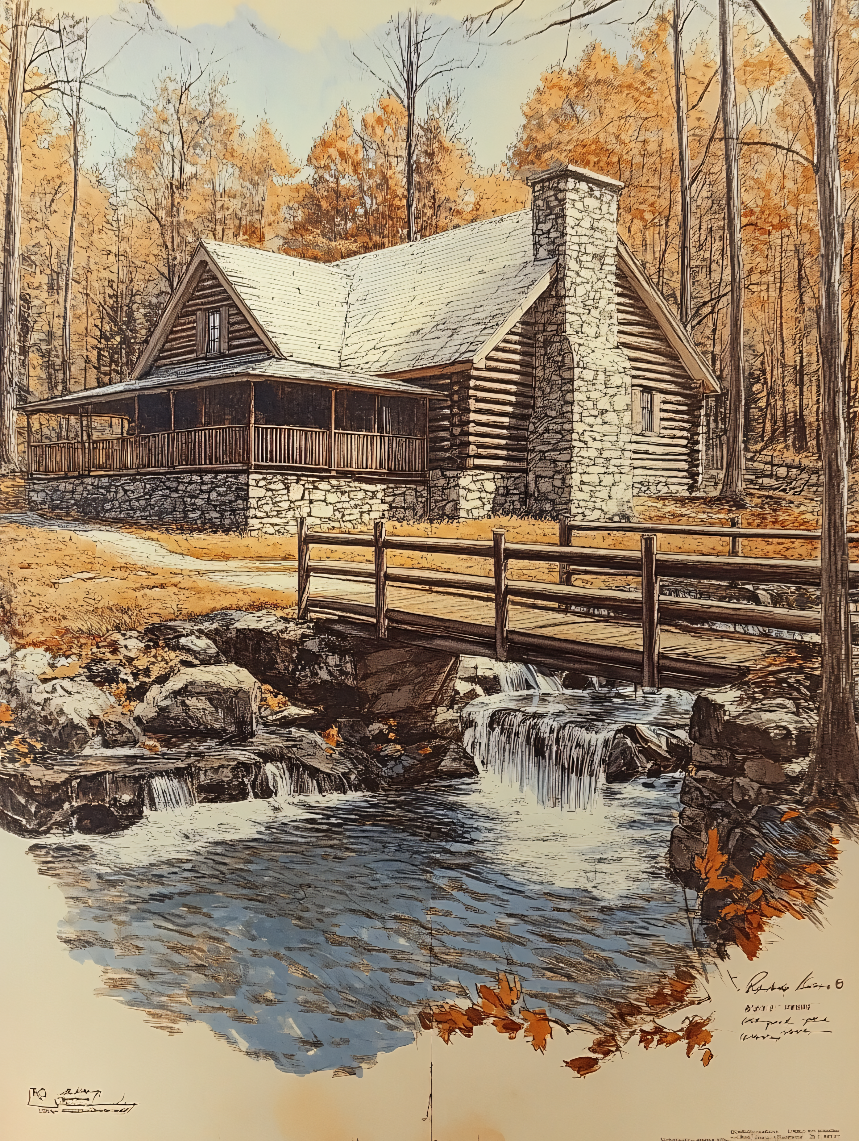 Log Cabin In Autumn Forest With Stream And Bridge