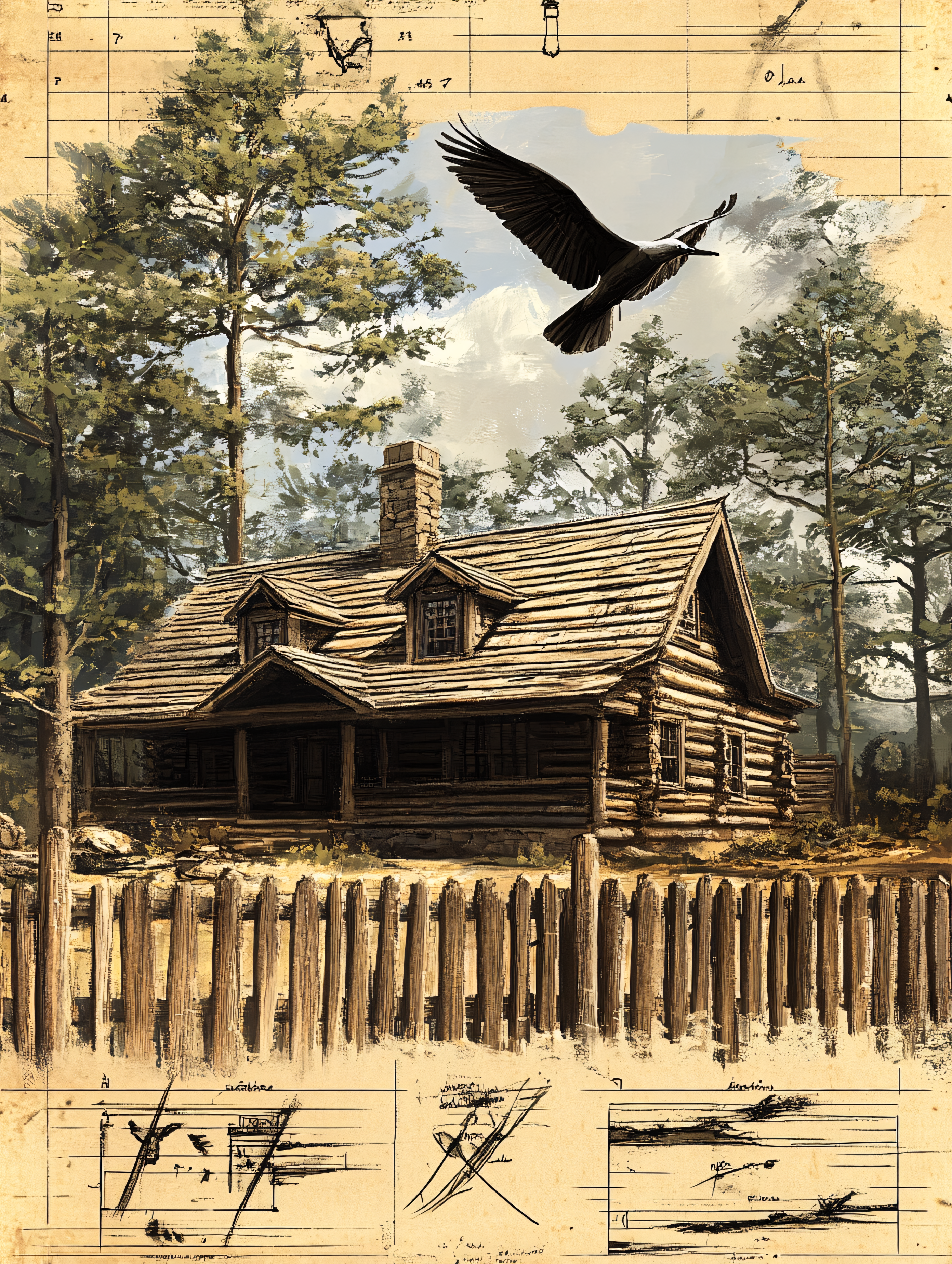 Log Cabin in Forest with Crow in Flight