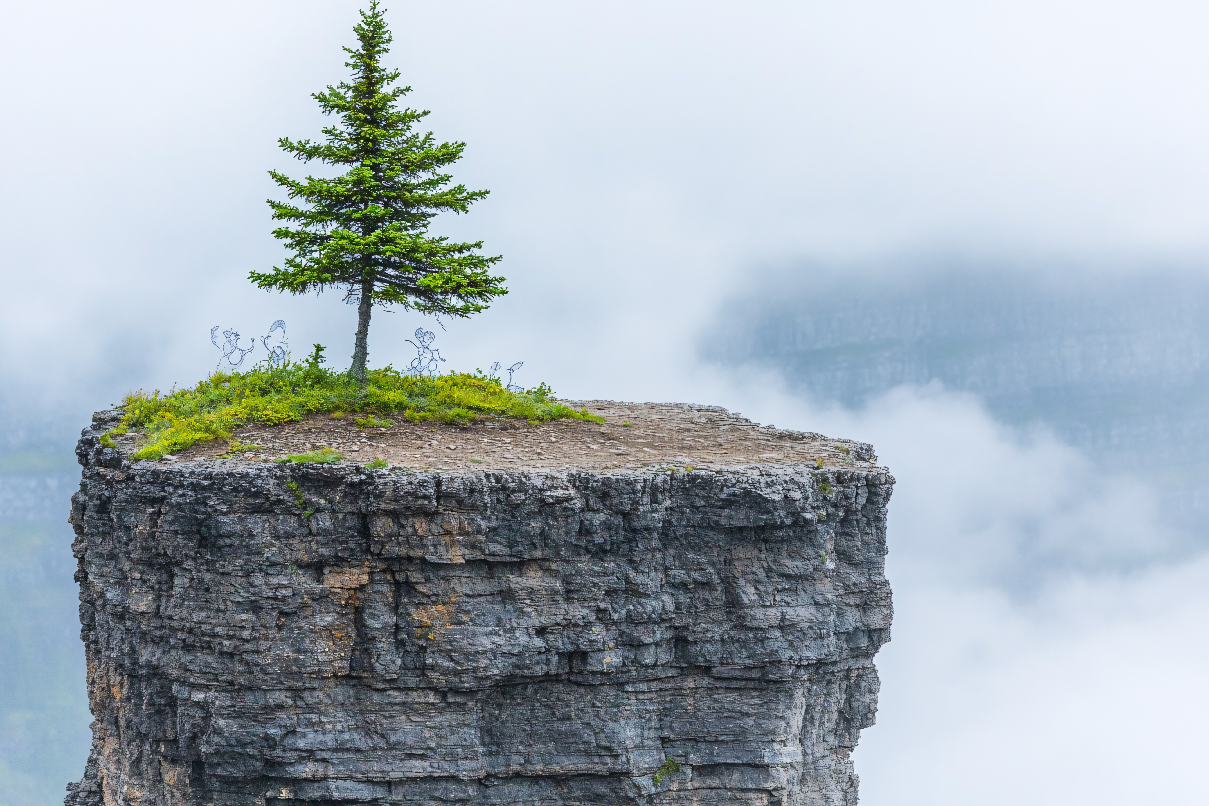 Lonely Pine On Cliff Top With Stick Figures