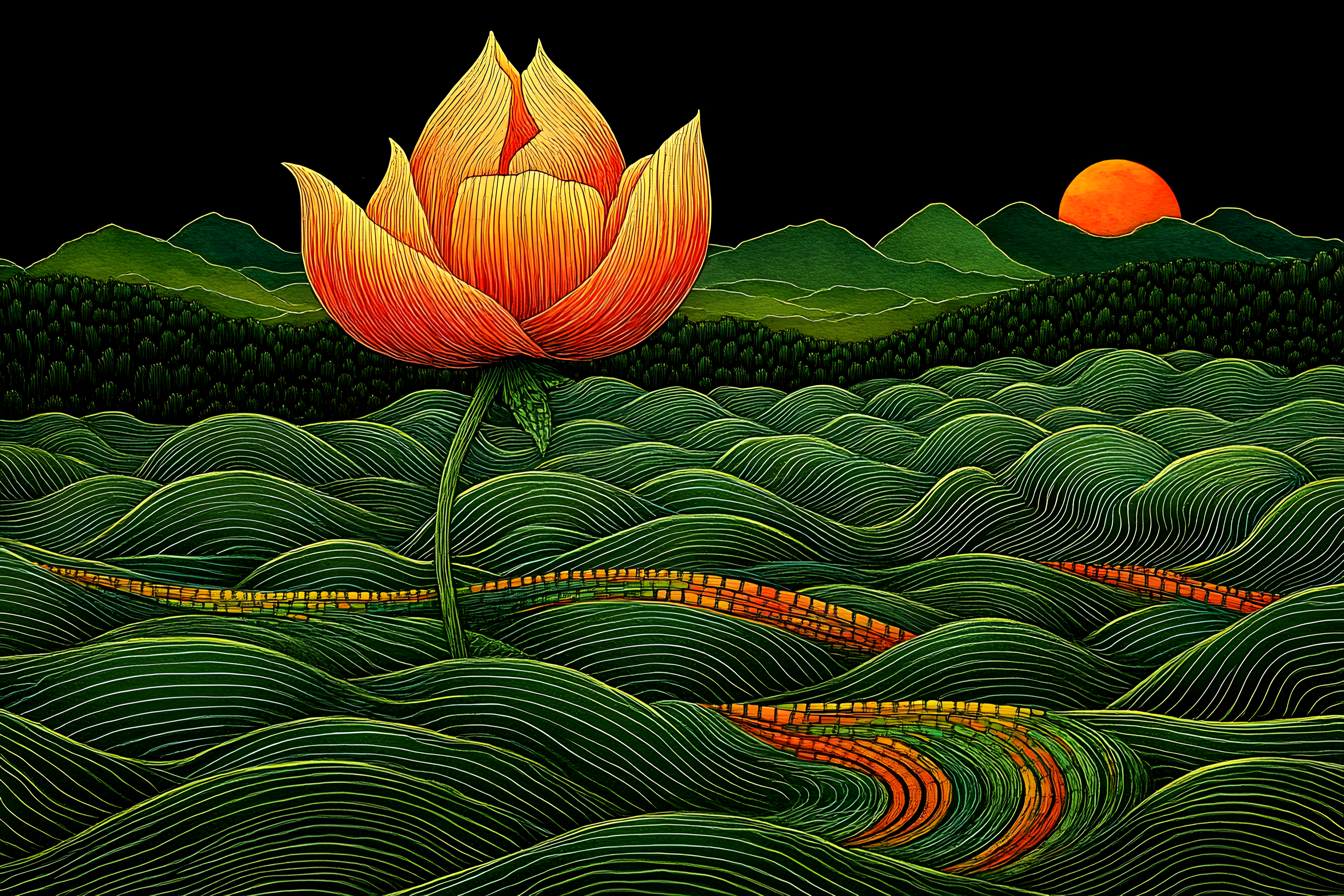 Lotus Landscape at Sunset