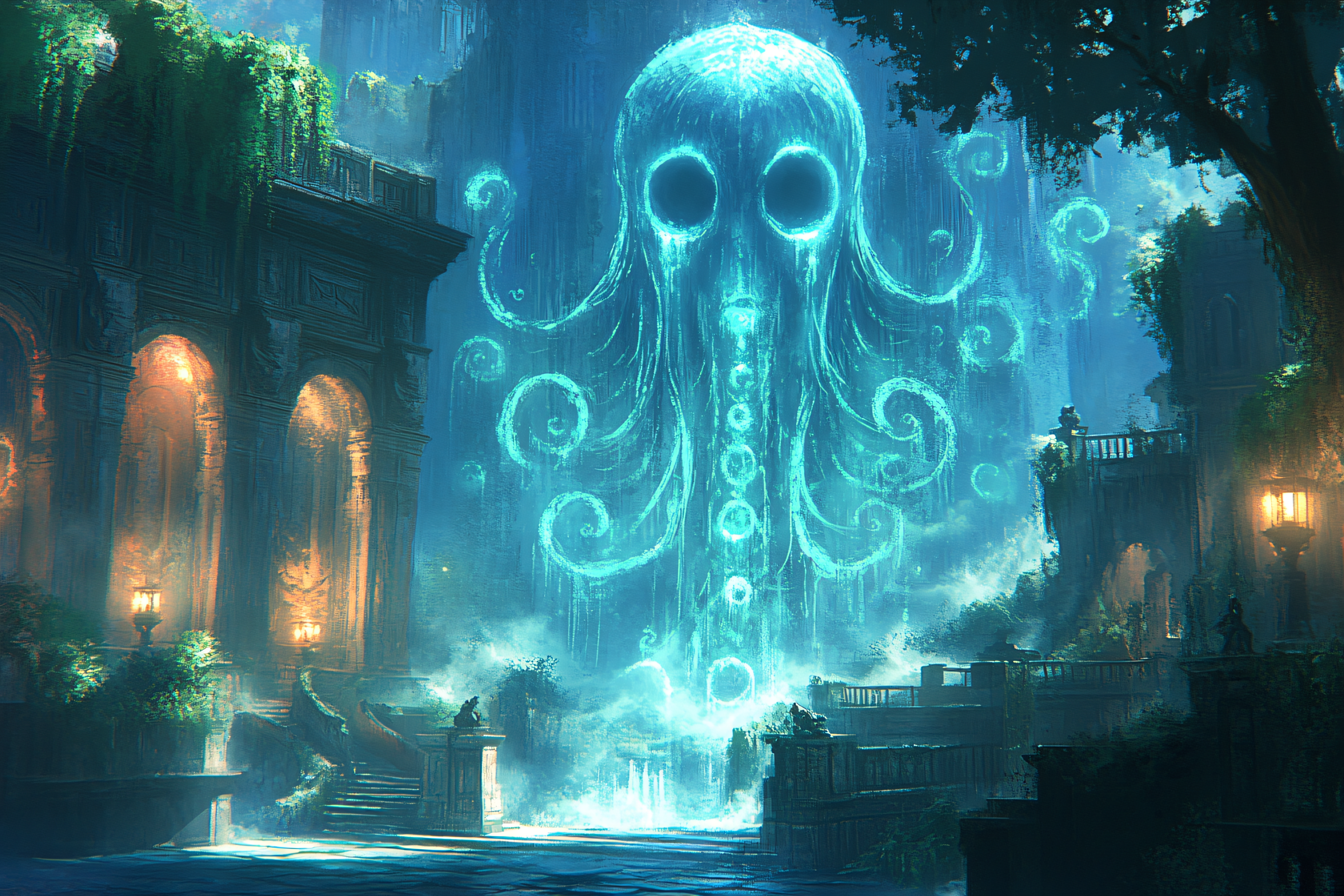 Luminous Octopus Guardian In Ancient Ruins