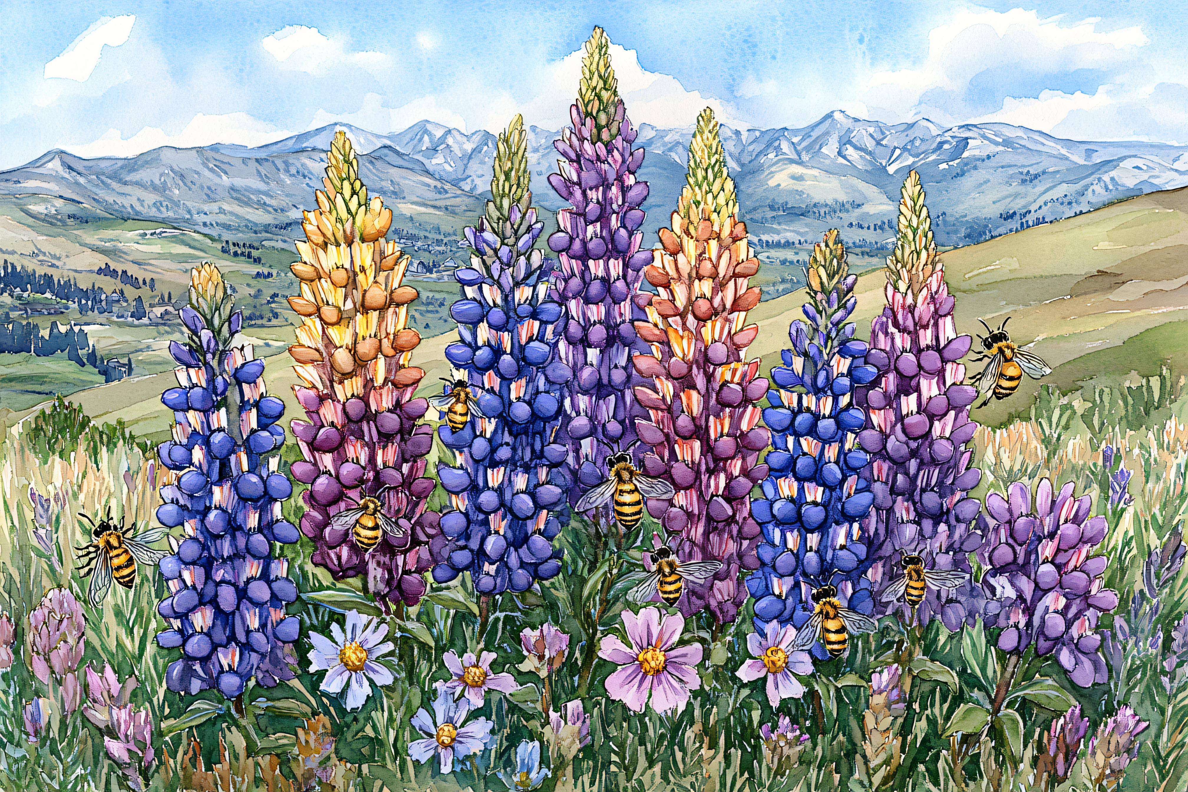 Lupines and Bees Watercolor