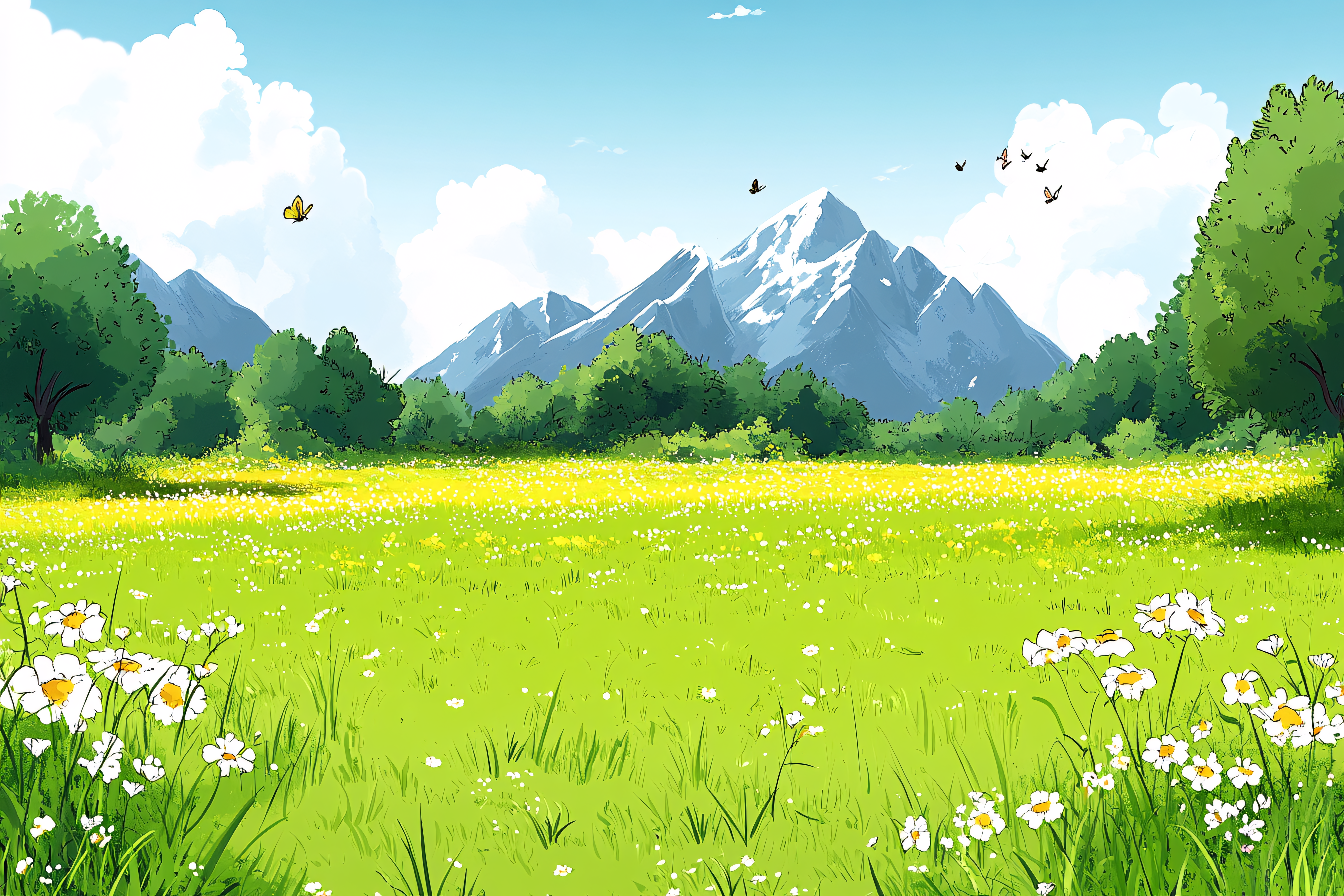Lush Green Meadow With Snow-Capped Mountains