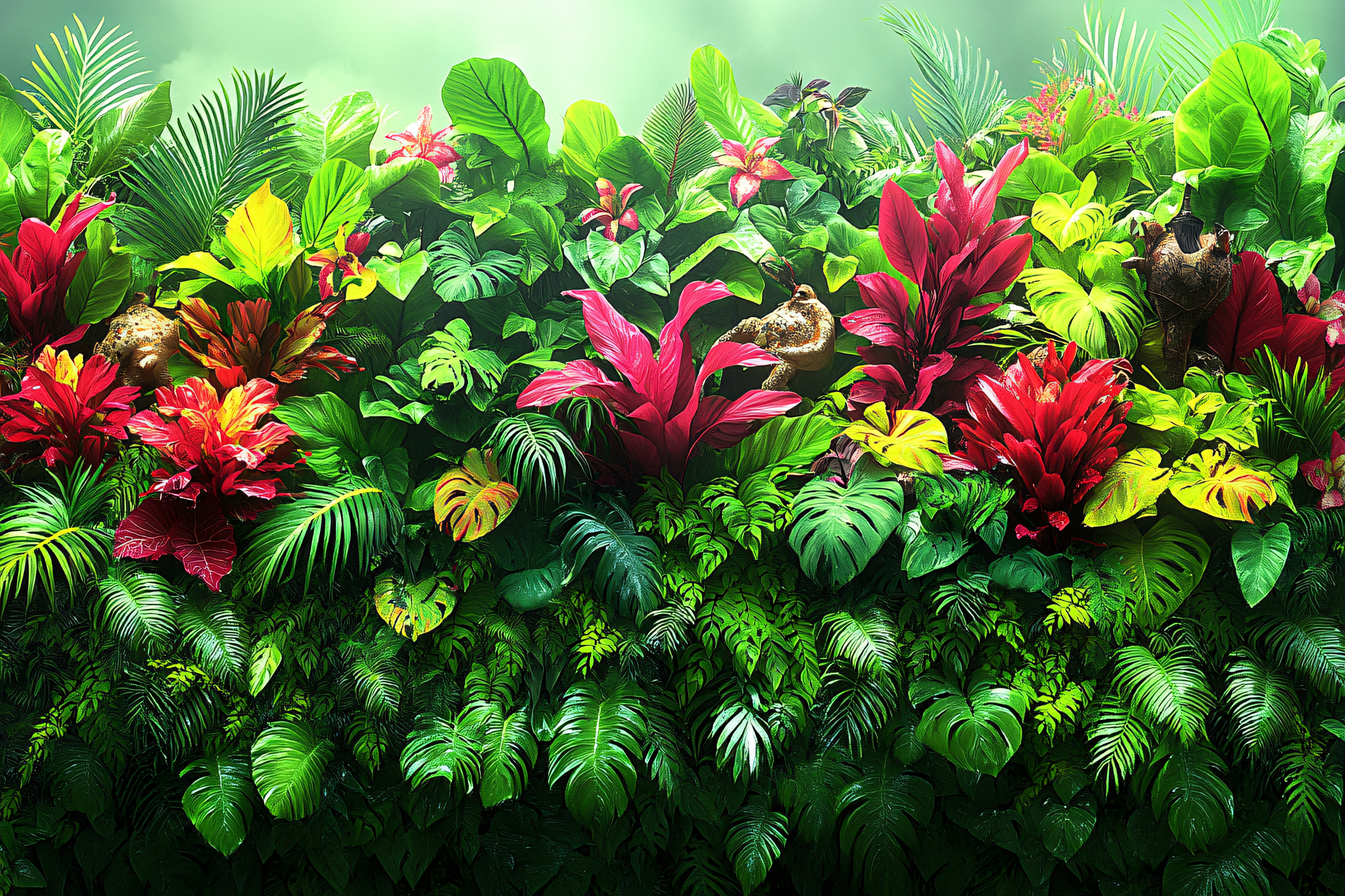 Lush Tropical Foliage with Vibrant Blooms