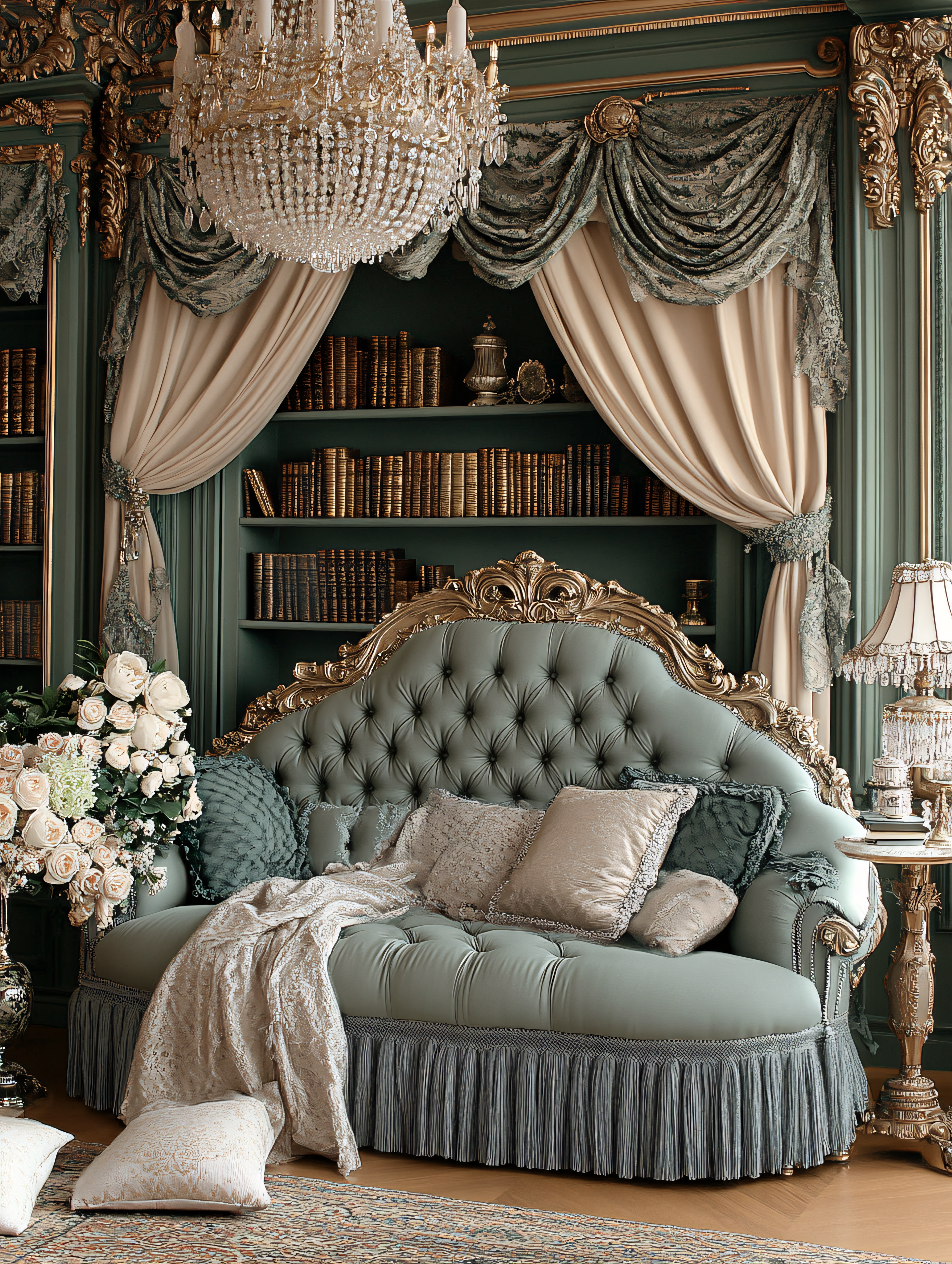 Luxurious Library Interior with Tufted Sofa