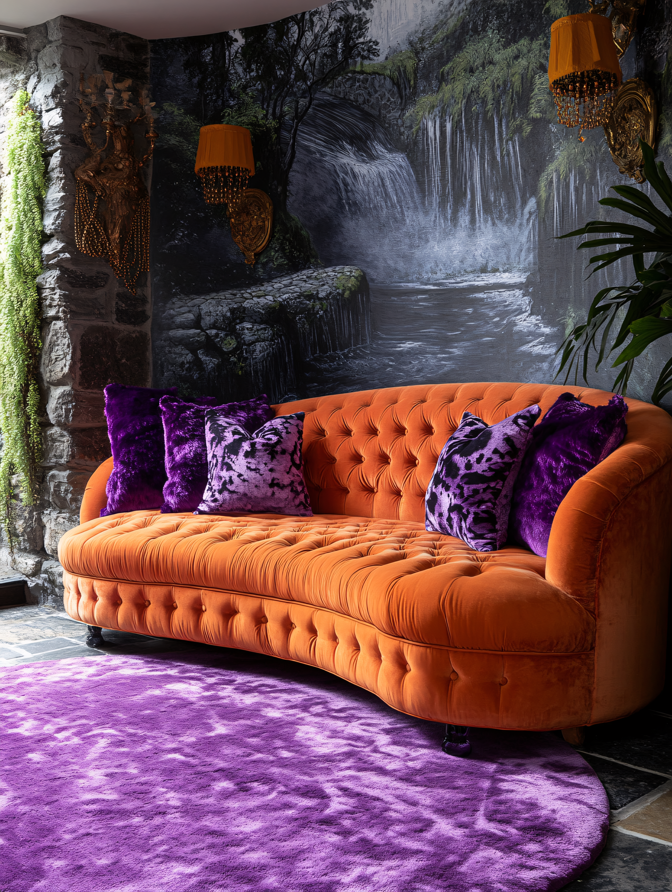 Luxurious Orange Sofa with Purple Accents in Eclectic Living Room