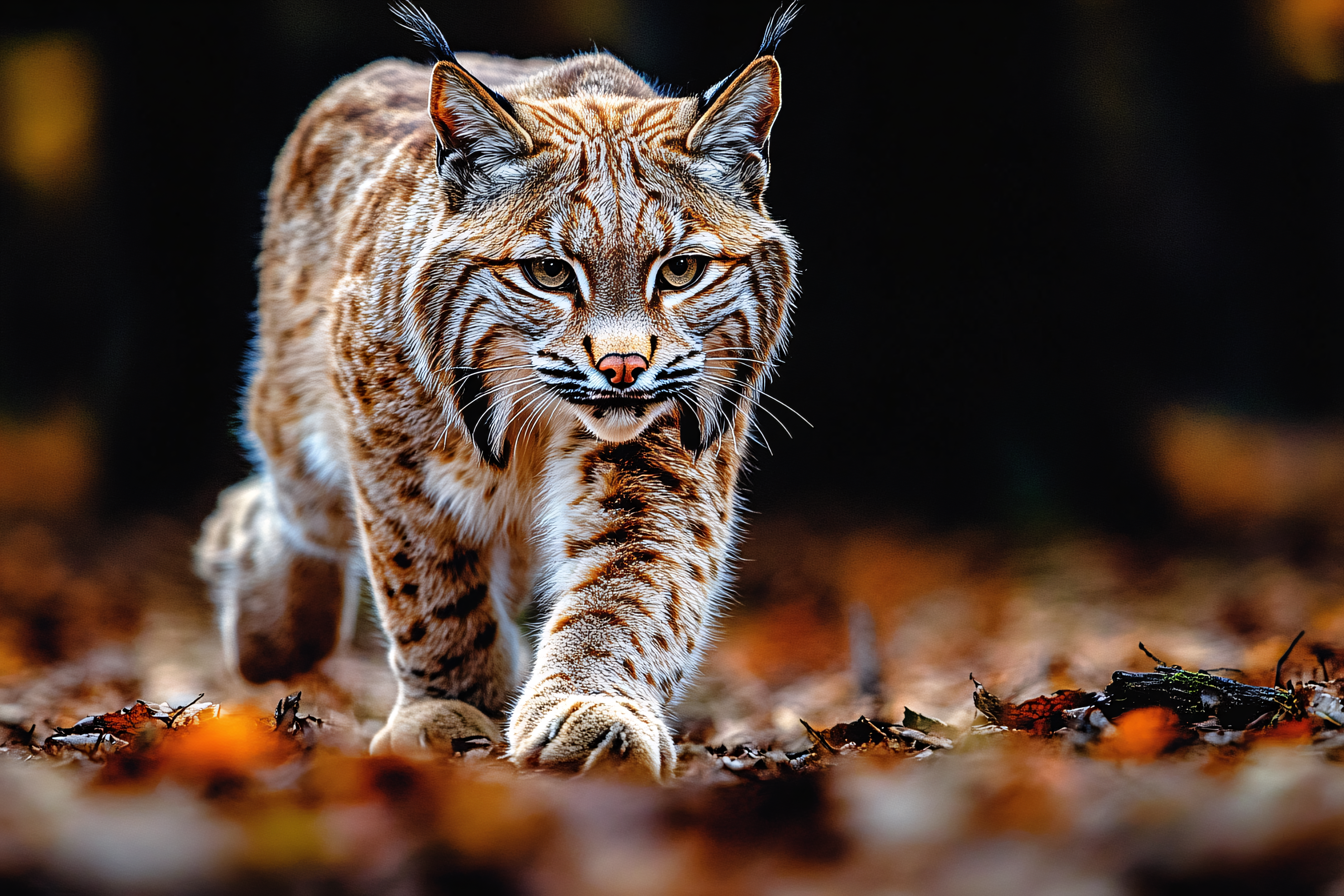 Lynx Prowling Through Autumn Leaves