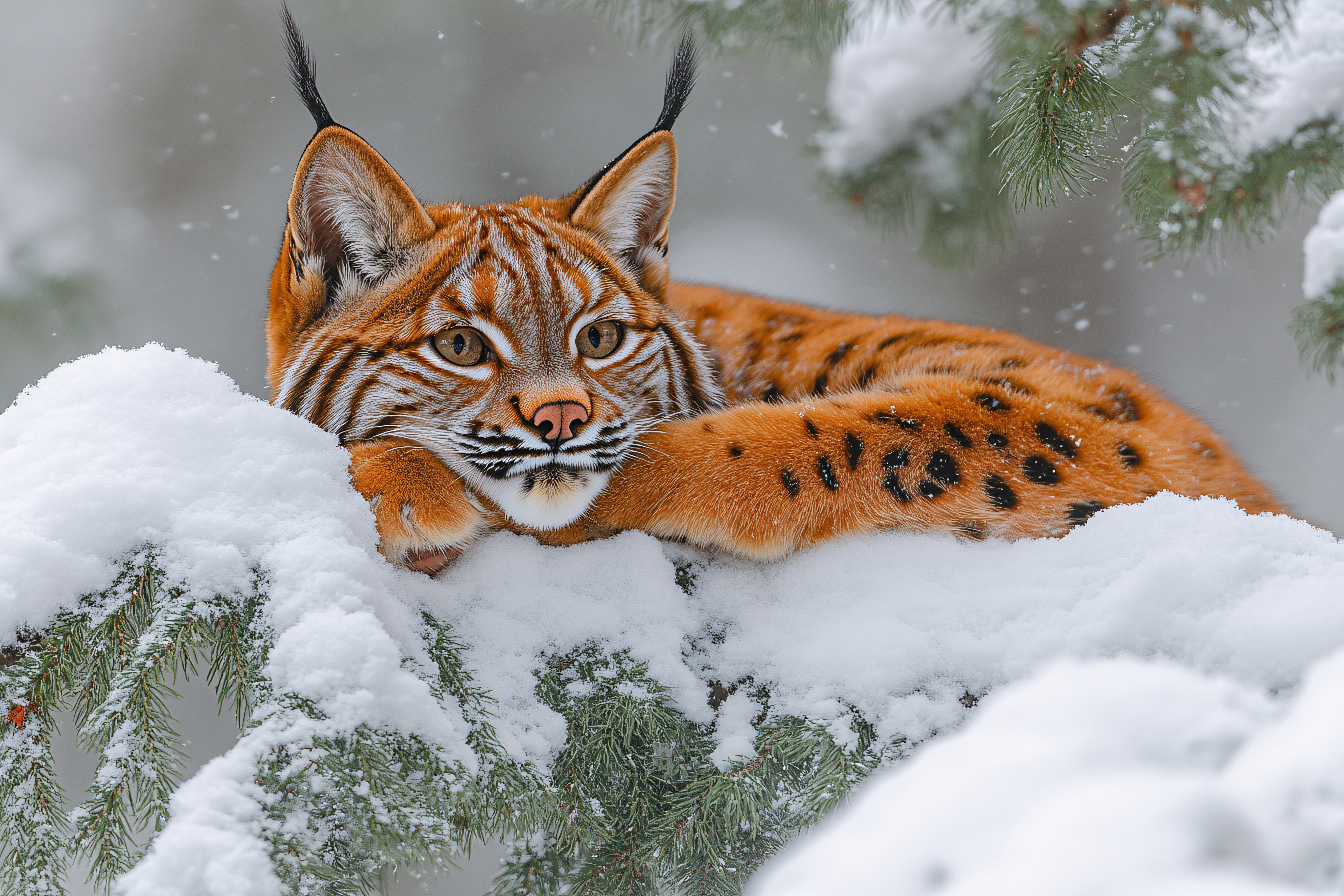 Lynx Resting on Snowy Branch