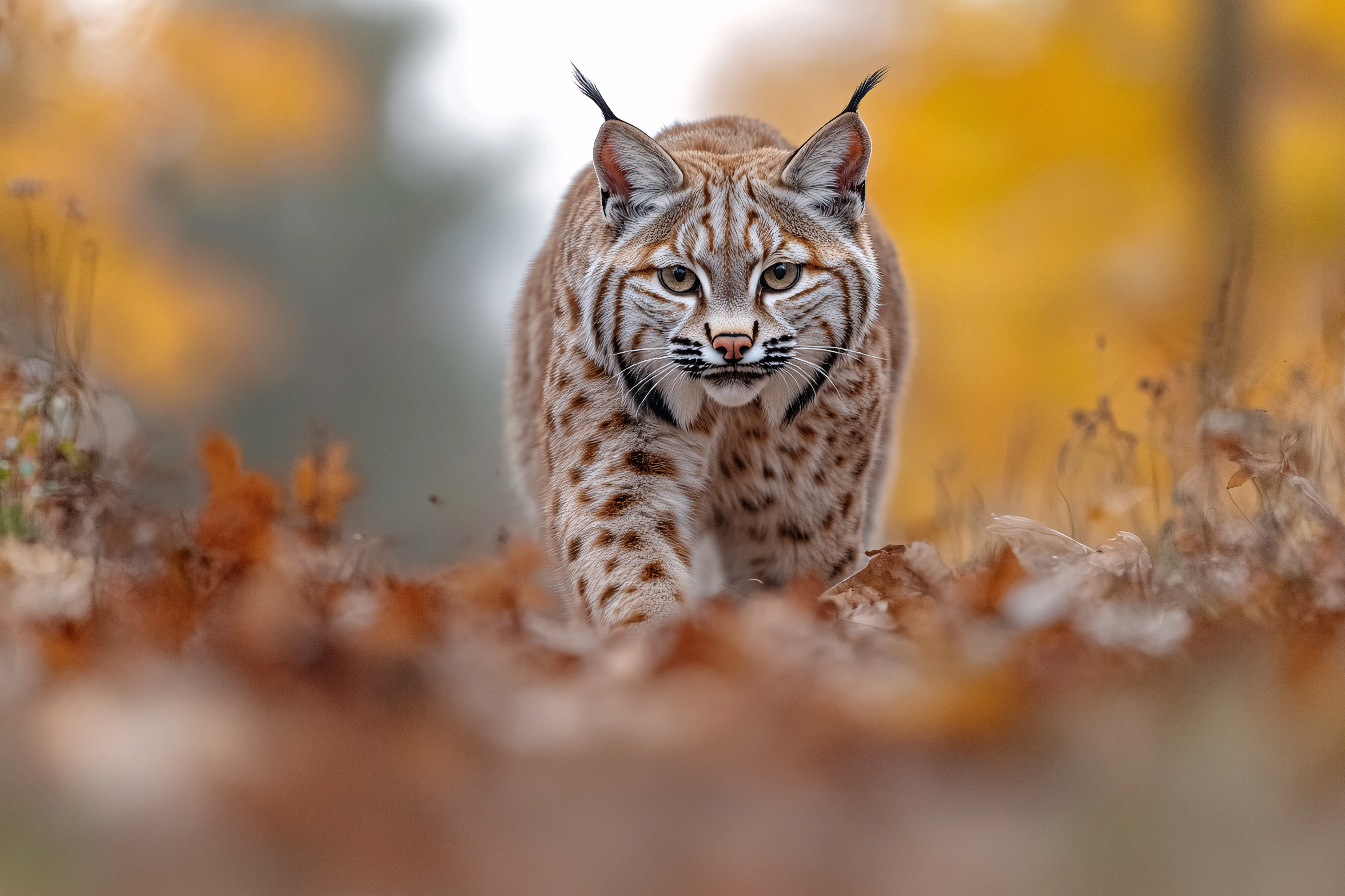 Lynx Walking Through Autumn Leaves