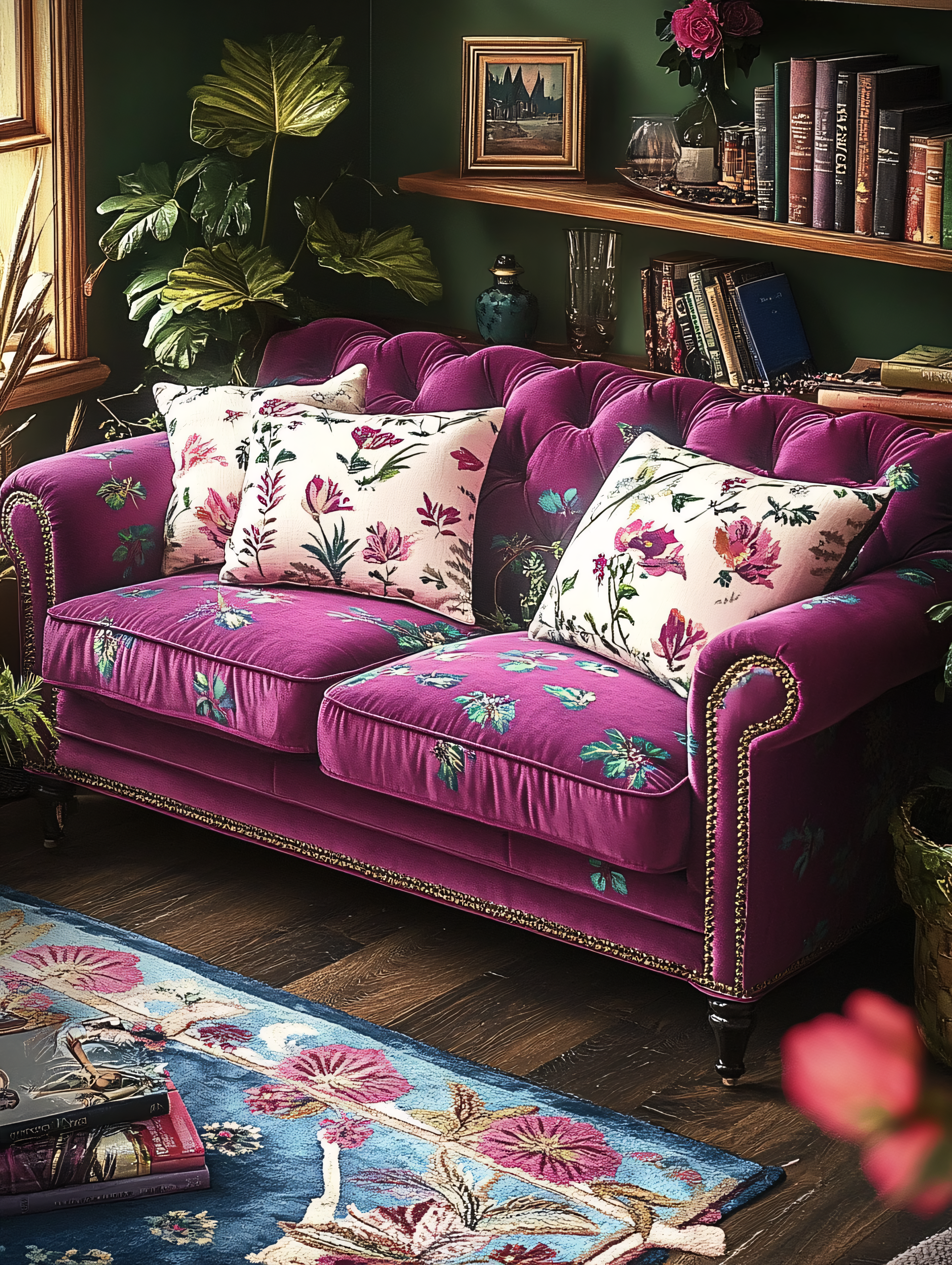 Magenta Velvet Sofa with Floral Accents