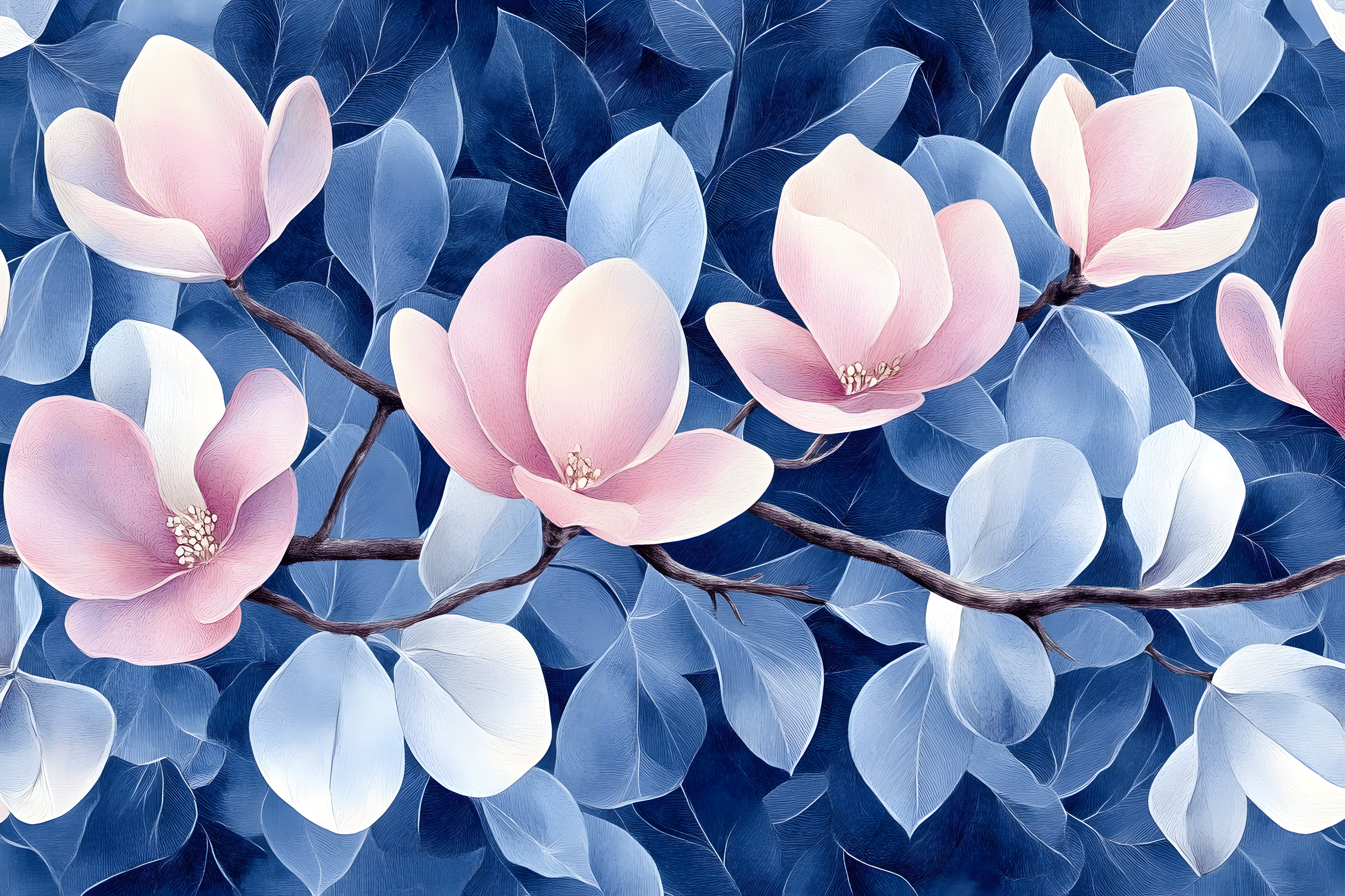 Magnolia Blossoms And Blue Leaves