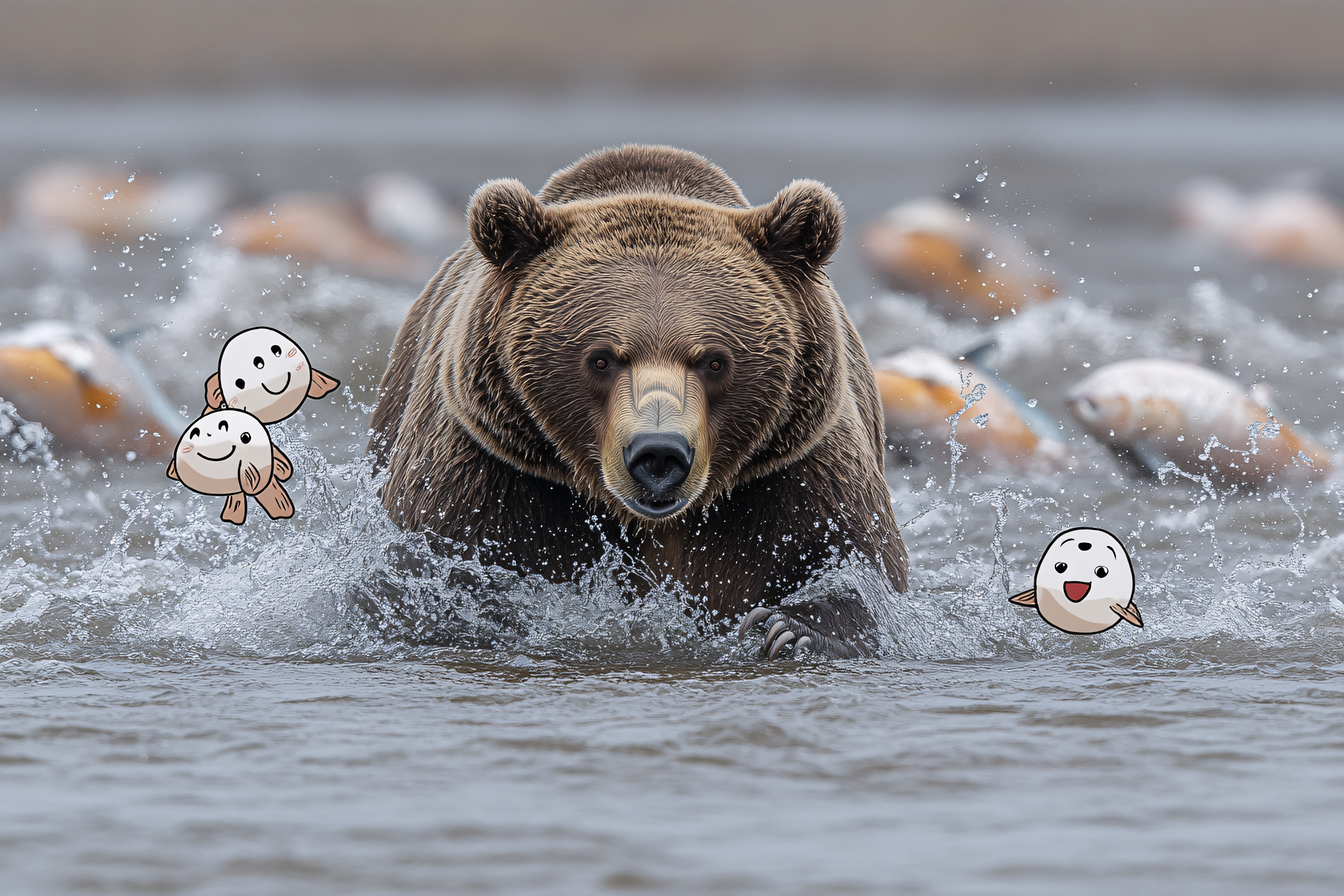 Majestic Bear in River with Salmon and Cartoon Fish