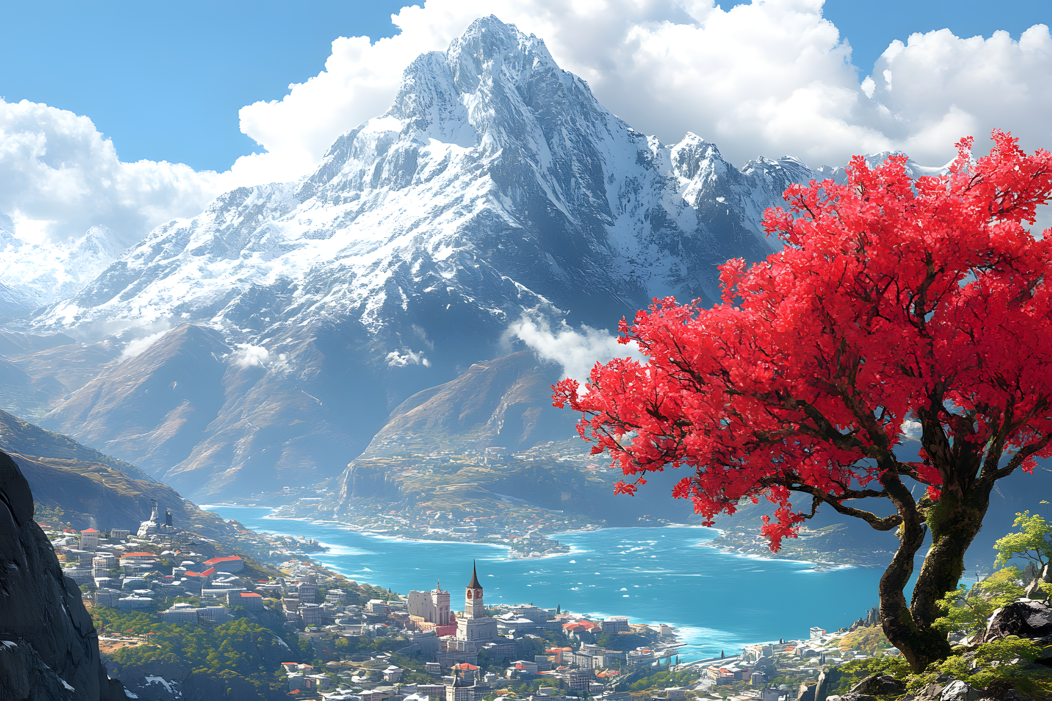 Majestic Mountain Cityscape with Red Tree