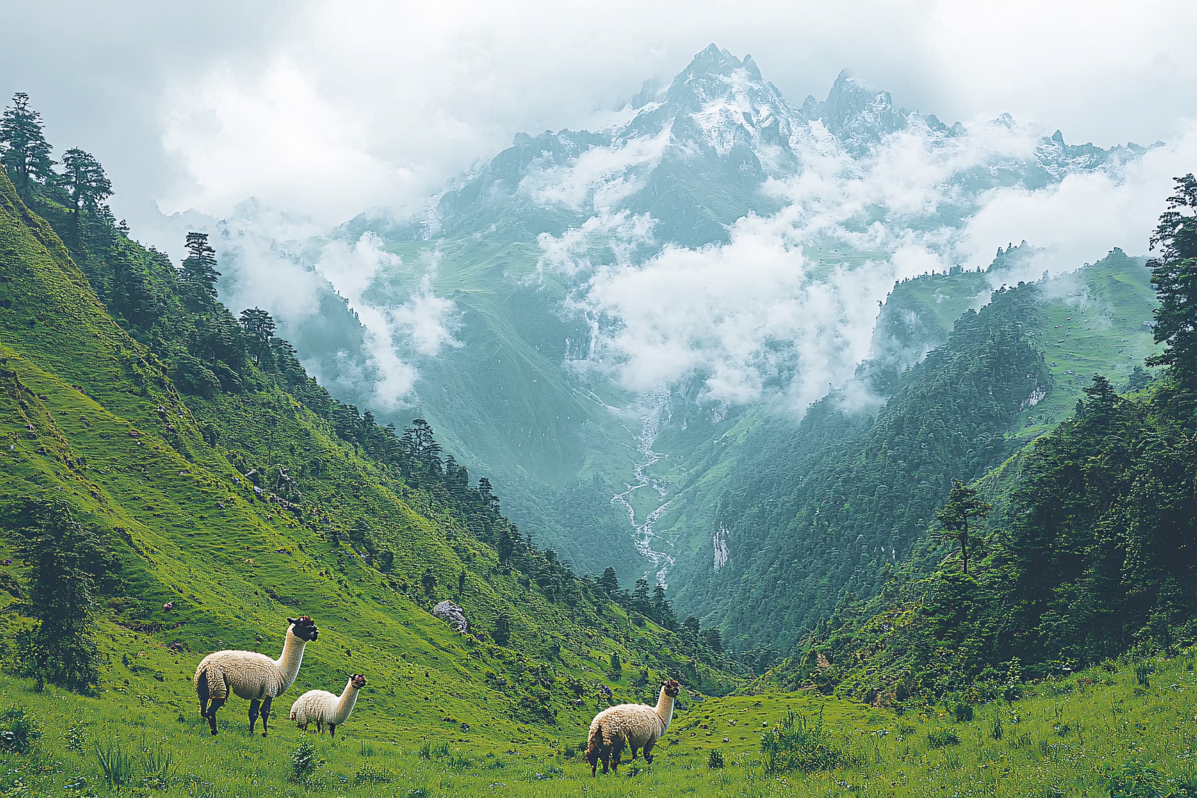 Majestic Mountain Valley with Llamas