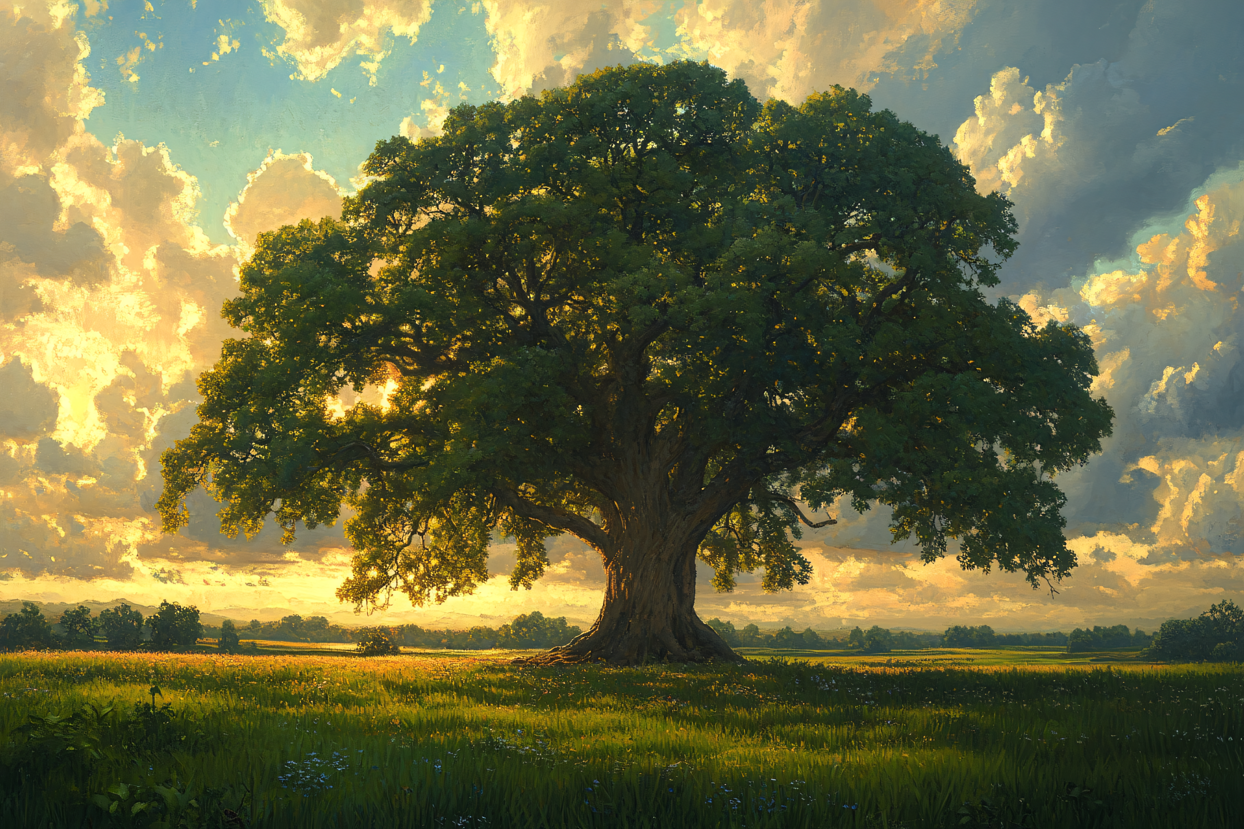 Majestic Oak Tree at Sunset