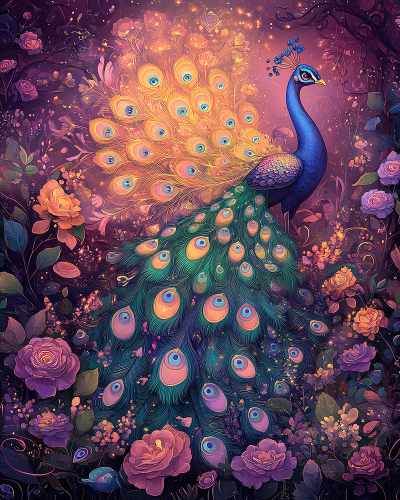 Majestic Peacock in Floral Fantasy