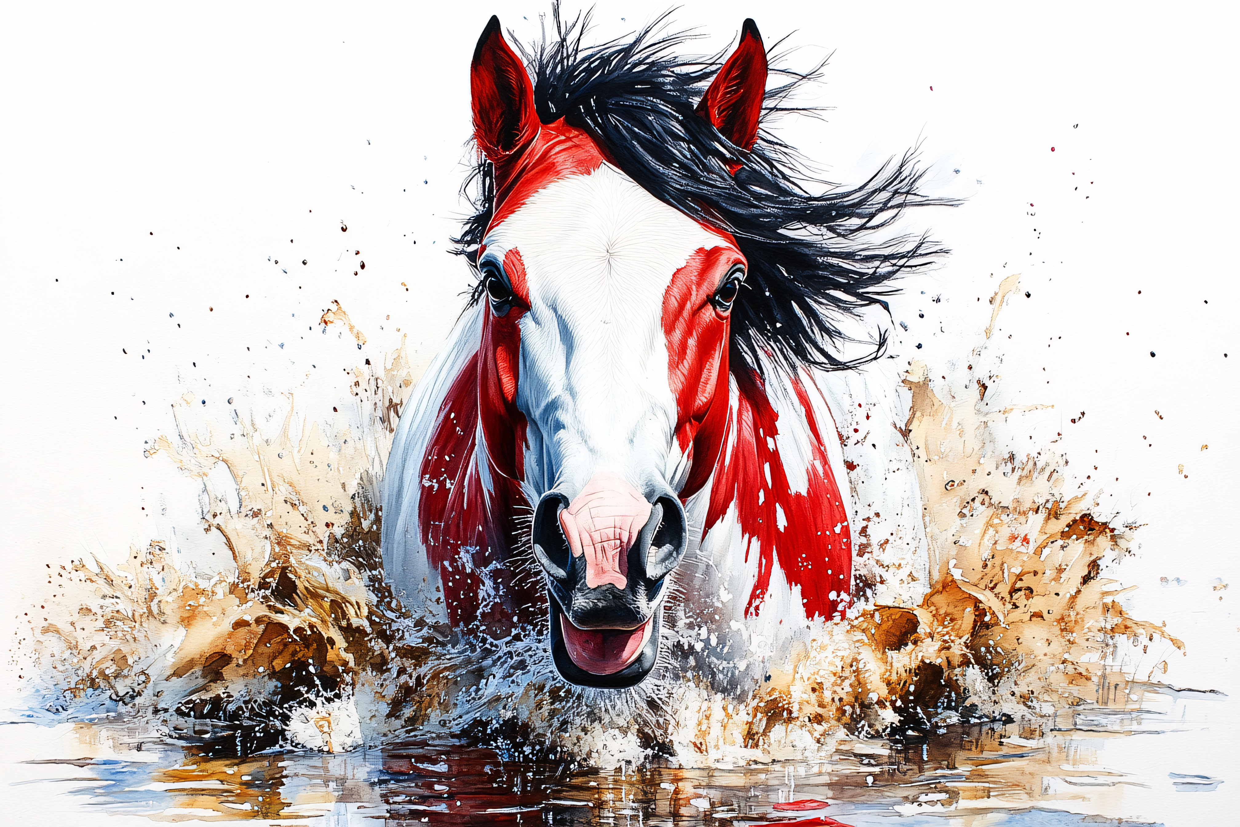 Majestic Red And White Horse Splashing In Water