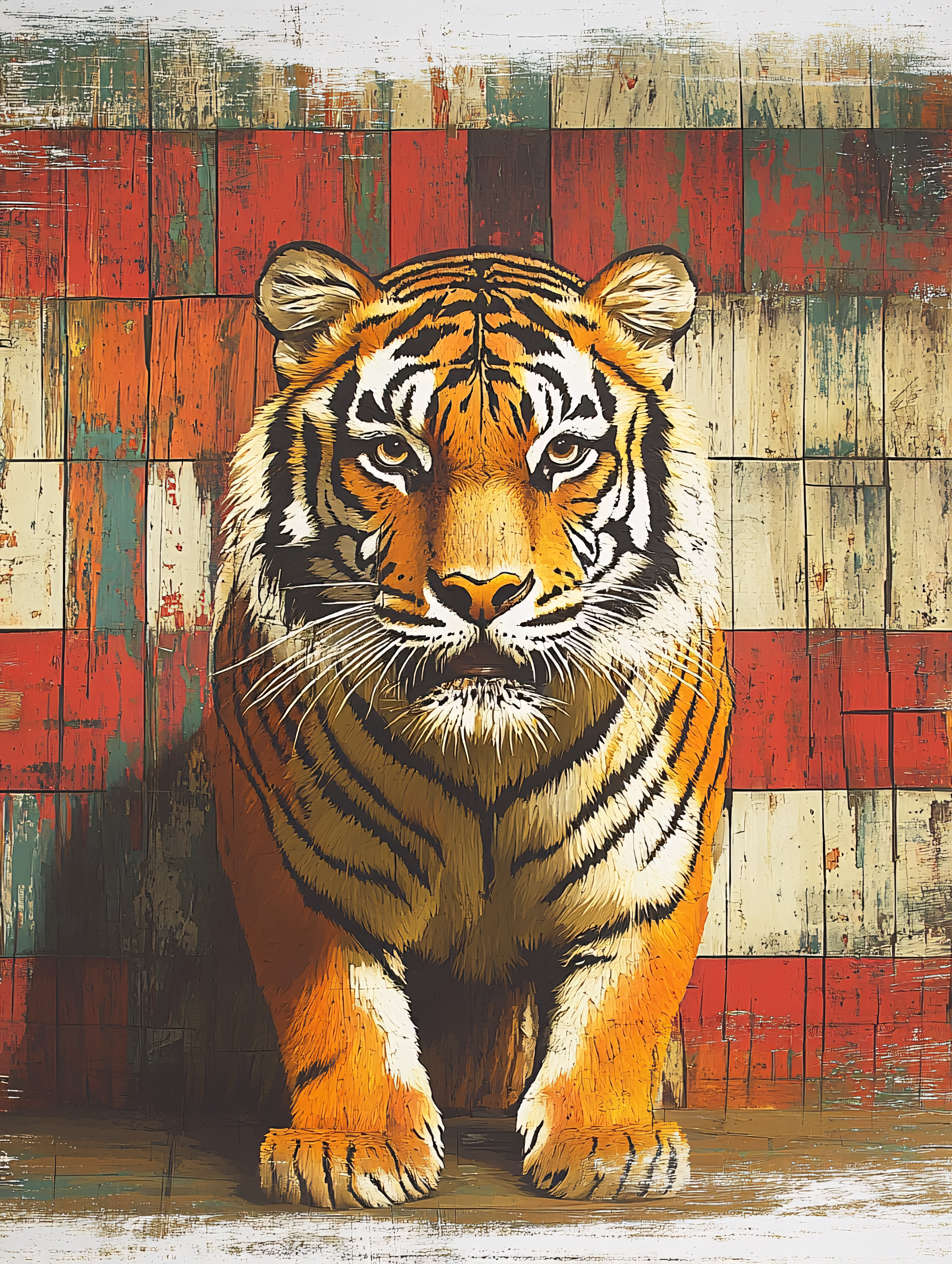 Majestic Tiger Portrait on Wooden Plank Background